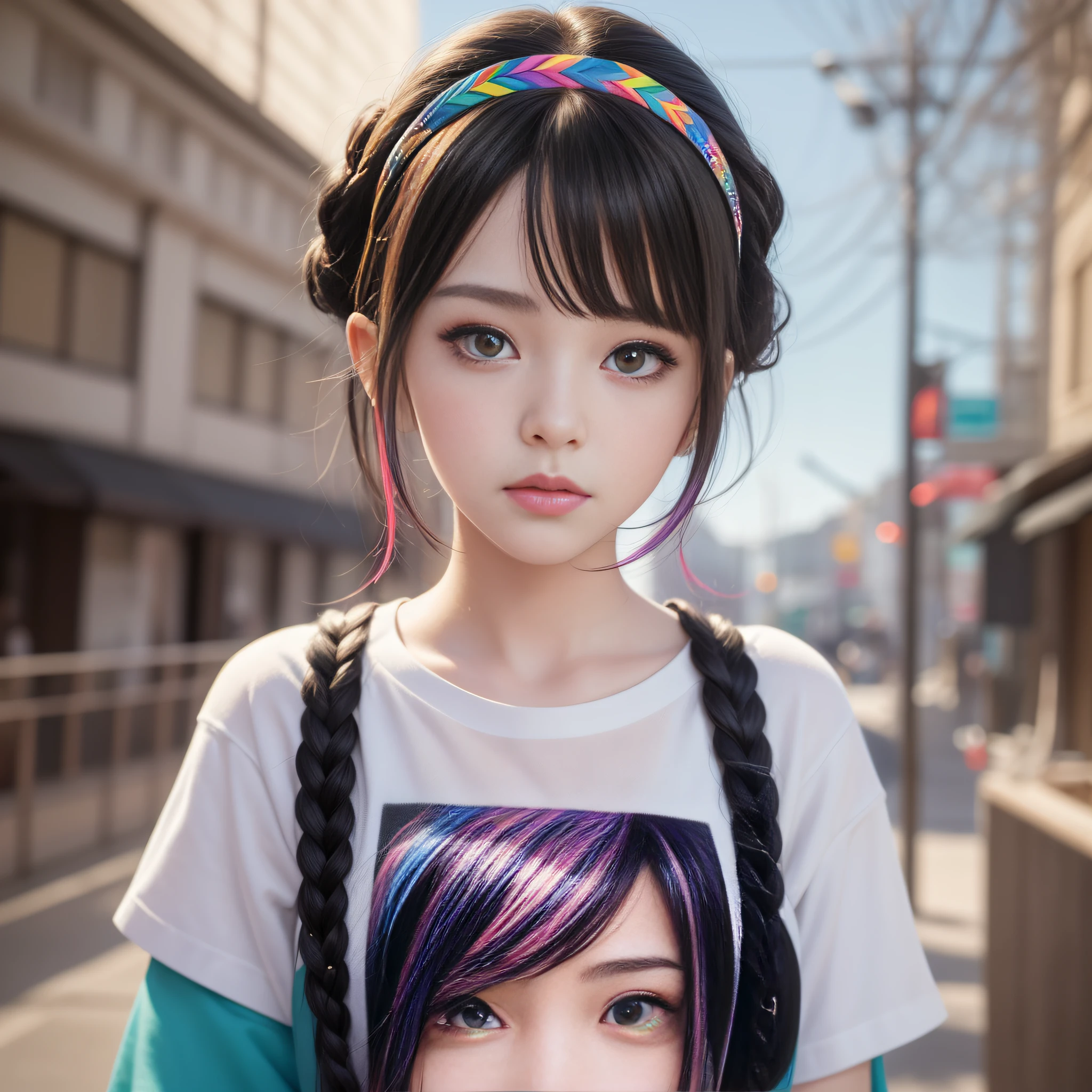 HD, 4K, 8K, Professional Photography, Regular Perspective, Sports View, Mild Sunshine, Sweet Style, ((((Colorful Character Pictures))), Clean and Neat Picture, Crystal Clear Picture Sense, (((beautiful)))), close-up of a woman with short hair, faint smile , (Colorful hair: 60), Chinese girl: , (((Black Pupil))), black pupil, Kawaii realistic portrait, upper body, upper body portrait, Waist above photo, (front face photo: 20), colorful braids, realistic hair, colorful headband, beautiful anime style, pure white background, white short sleeves, clothes on simple pattern, realistic anime art style, beautiful anime portrait, realistic anime art style, anime style. [Stunning anime face portrait, colorful]", vibrant fantasy style, cute art style, vibrant realistic color, anime realism style, beautiful anime girl, character as core, digital art, realistic style, live-action CG, looking at the audience.