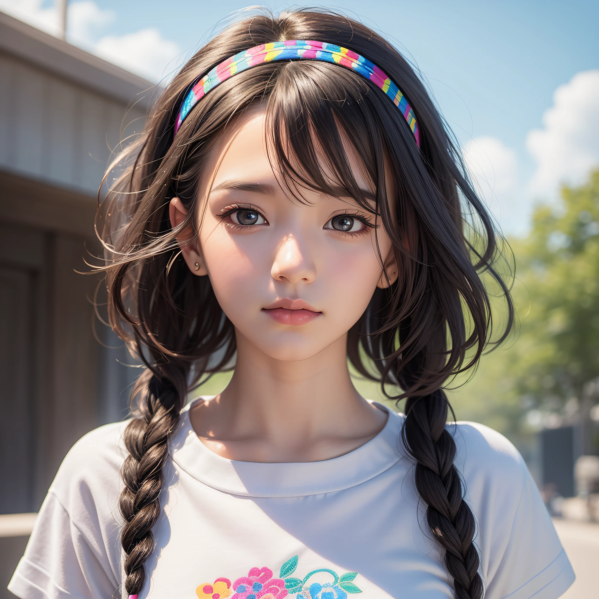 HD, 4K, 8K, Professional Photography, Regular Perspective, Sports View, Mild Sunshine, Sweet Style, ((((Colorful Character Pictures))), Clean and Neat Picture, Crystal Clear Picture Sense, (((beautiful)))), close-up of a woman with short hair, faint smile , (Colorful hair: 60), Chinese girl: , (((Black Pupil))), black pupil, Kawaii realistic portrait, upper body, upper body portrait, Waist above photo, (front face photo: 20), colorful braids, realistic hair, colorful headband, beautiful anime style, pure white background, white short sleeves, clothes on simple pattern, realistic anime art style, beautiful anime portrait, realistic art style, [stunning real face portrait, colorful]", vibrant fantasy style, cute art style, vibrant realistic colors, realistic style, beautiful girl, character as core, digital art, Realist style, live-action CG, looking at the audience.