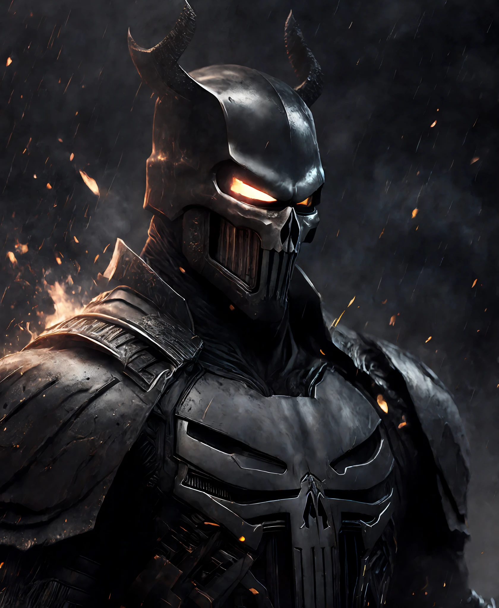 Close-up (Punisher from Marvel in Viking style: 1.3) emerging from wet black mud, extremely detailed, smoke, sparks, metal shavings, flying debris, volumetric light