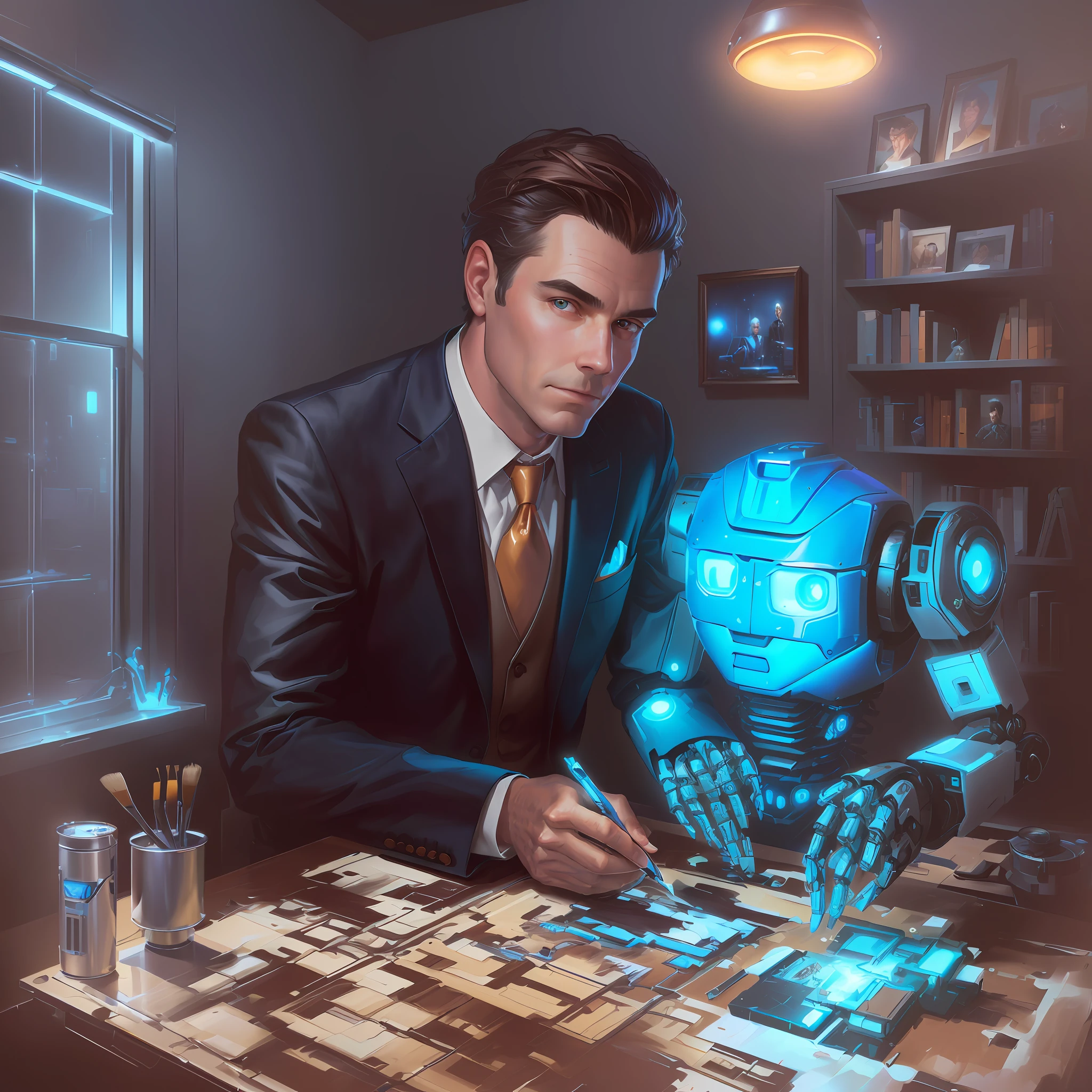 Painting of a man in a suit and tie, medium brown hair sitting at a table with a humanoid robot, robot painting a robot on canvas, portrait of a hungry AI artist, Michael Cheval (Unreal Engine, Thomas Kinkade and Tristan Eaton, portrait of a robot, a still life of a robot, the man with the robot head, Alex Gross, PJ Crook, Portrait of a futuristic robot