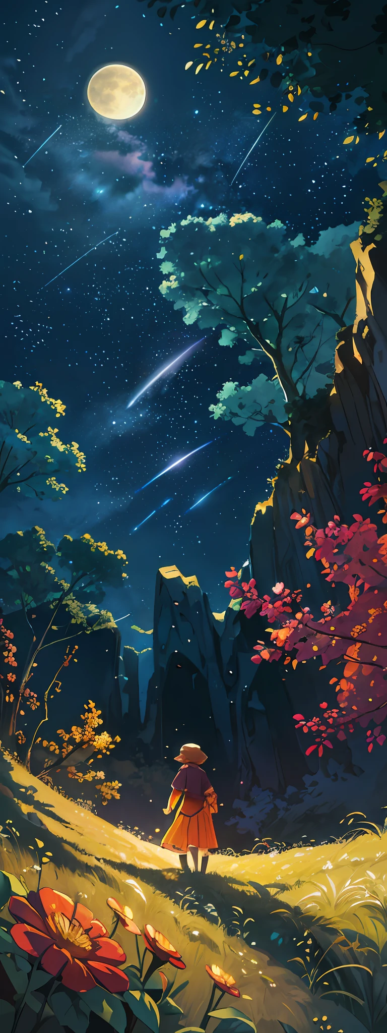 Vast landscape photo, (viewed from below, the sky is above and the open field is below), a girl standing on a flower field looking up, (full moon: 1.2), (meteor: 0.9), (nebula: 1.3), distant mountains , Trees BREAK Crafting Art, (Warm Light: 1.2), (Fireflies: 1.2), Lights, Lots of Purple and Orange, Intricate Details, Volumetric Lighting, Realism BREAK (Masterpiece: 1.2), (Best Quality), 4k, Ultra-Detailed, (Dynamic Composition: 1.4), Very Detailed, Colorful Details, (Rainbow Colors: 1.2), (Glow Lighting, Atmospheric Lighting), Dreamy, Magical, (Solo: 1.2)
