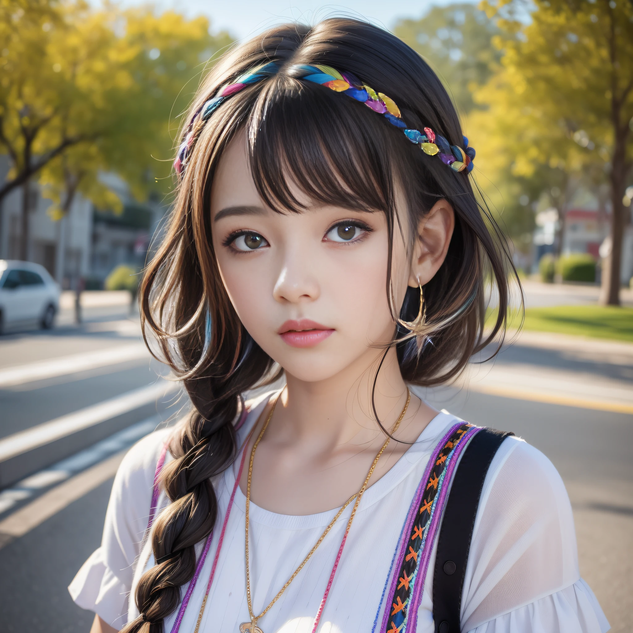 HD, 4K, 8K, Professional Photography, Regular Perspective, Sports View, Mild Sunshine, Sweet Style, ((((Colorful Character Pictures))), Clean and Neat Picture, Crystal Clear Picture Sense, (((beautiful)))), close-up of a woman with short hair, faint smile , (Colorful hair: 60), Chinese girl: , (((Black Pupil))), black pupil, Kawaii realistic portrait, upper body, upper body portrait, Waist above photo, (front face photo: 20), colorful braids, realistic hair, colorful headband, beautiful realistic style, pure white background, white short sleeves, clothes on simple patterns, realistic realistic art style, beautiful realistic portraits, realistic art style, [stunning real face portraits, colorful]", vibrant fantasy style, cute art style, vibrant realistic colors, realistic style, beautiful girls, characters as the core, digital art, Realist style, live-action CG, looking at the audience.