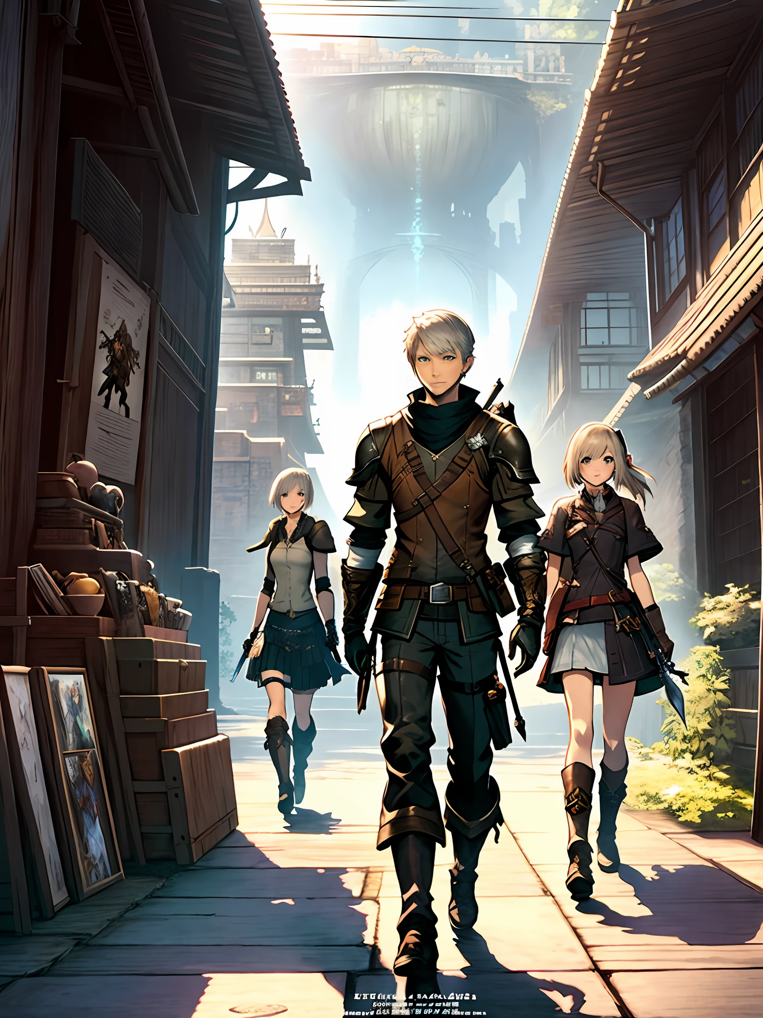 a group of people standing next to each other, square enix cinematic art, final fantasy 1 2 style, artbook artwork, satchely and akihiko yoshida, ffxi, final fantasy 1 4 screenshot, final fantasy 1 4, promotional art, detailed cover artwork, final fantasy 14 style, official artwork, akihiko yoshida”, promotional poster art