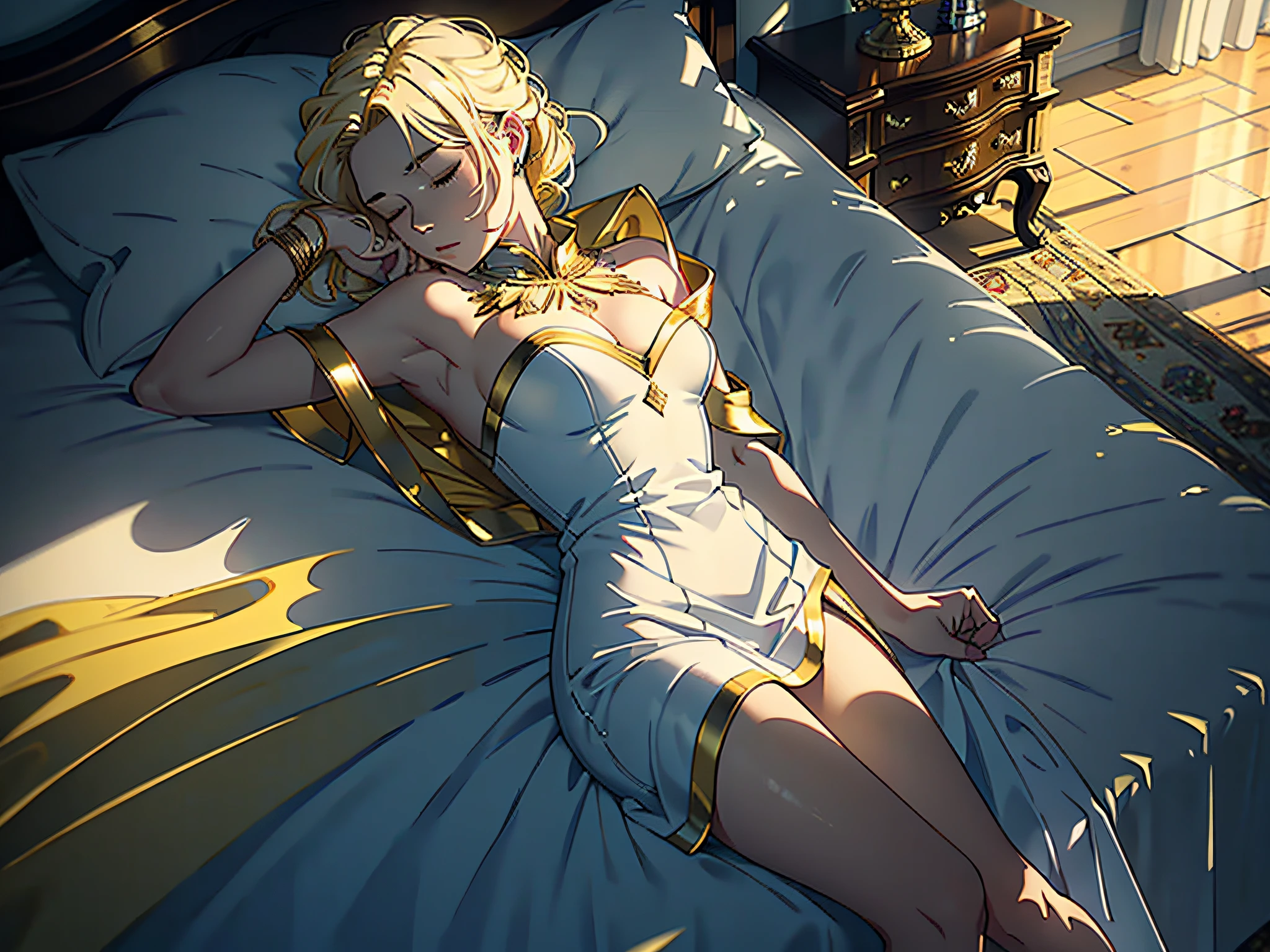 ((Masterpiece)), ((Best Quality)), 8K, HD, Super Detail, (Woman), (White dress inlaid with yellow gold rimmed), (Golden hair shawl scattered), (Expression closed eyes) (Sleeping on bedroom bed 1.6)(Full body display 1.4) The artwork is a masterpiece, with the best quality and super detail, captured in 8K HD. Photographic realistic, realistic, very detailed illustrations realistic, octane rendering