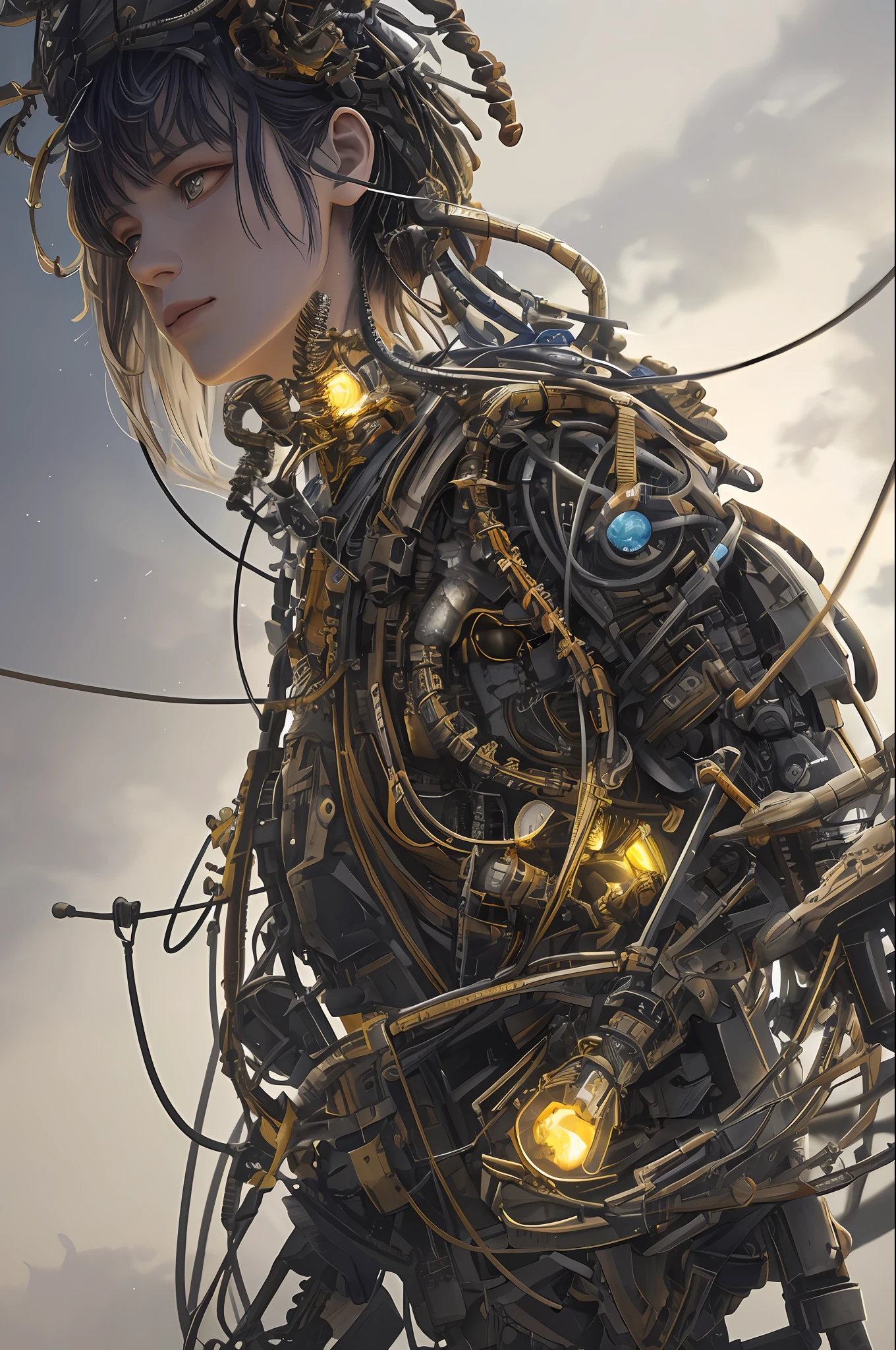 Vast Wilderness (Ultra Fine Detail), Firefly, 1 Mechanical Girl, ((Ultra-Realistic Detail)), Portrait, Global Illumination, Shadow, Octane Rendering, 8K, Ultra Sharp, Liquid, Intricate Ornament Details, Cold Colors, Greek Details, Very Intricate Details, Realistic Light, CGSoation Trend, Shining Eyes, Facing the camera, neon details, mechanical limbs, blood vessels connected to tubes, mechanical vertebrae attached to the back, mechanical cervical attachment to the neck, standing, wires and cables connecting to the head