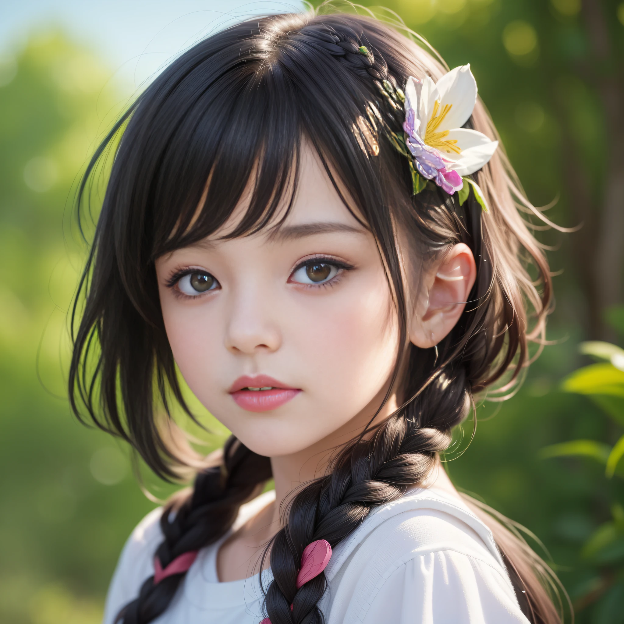 HD, 4K, 8K, Professional Photography, Regular Perspective, Sports View, Mild Sunshine, Sweet Style, ((((Colorful Character Pictures))), Clean and Neat Picture, Crystal Clear Picture Sense, (((beautiful)))), close-up of a woman with short hair, faint smile , (Colorful hair: 60), Chinese girl: , (((Black Pupil))), black pupil, Kawaii realistic portrait, upper body, upper body portrait, Waist above photo, (front face photo: 20), colorful braids, realistic hair, colorful headband, beautiful anime style, pure white background, white short sleeves, clothes on simple pattern, realistic anime art style, beautiful anime portrait, realistic art style, [stunning real face portrait, colorful]", vibrant fantasy style, cute art style, vibrant realistic colors, realistic style, beautiful girl, character as core, digital art, Realist style, live-action CG, looking at the audience.