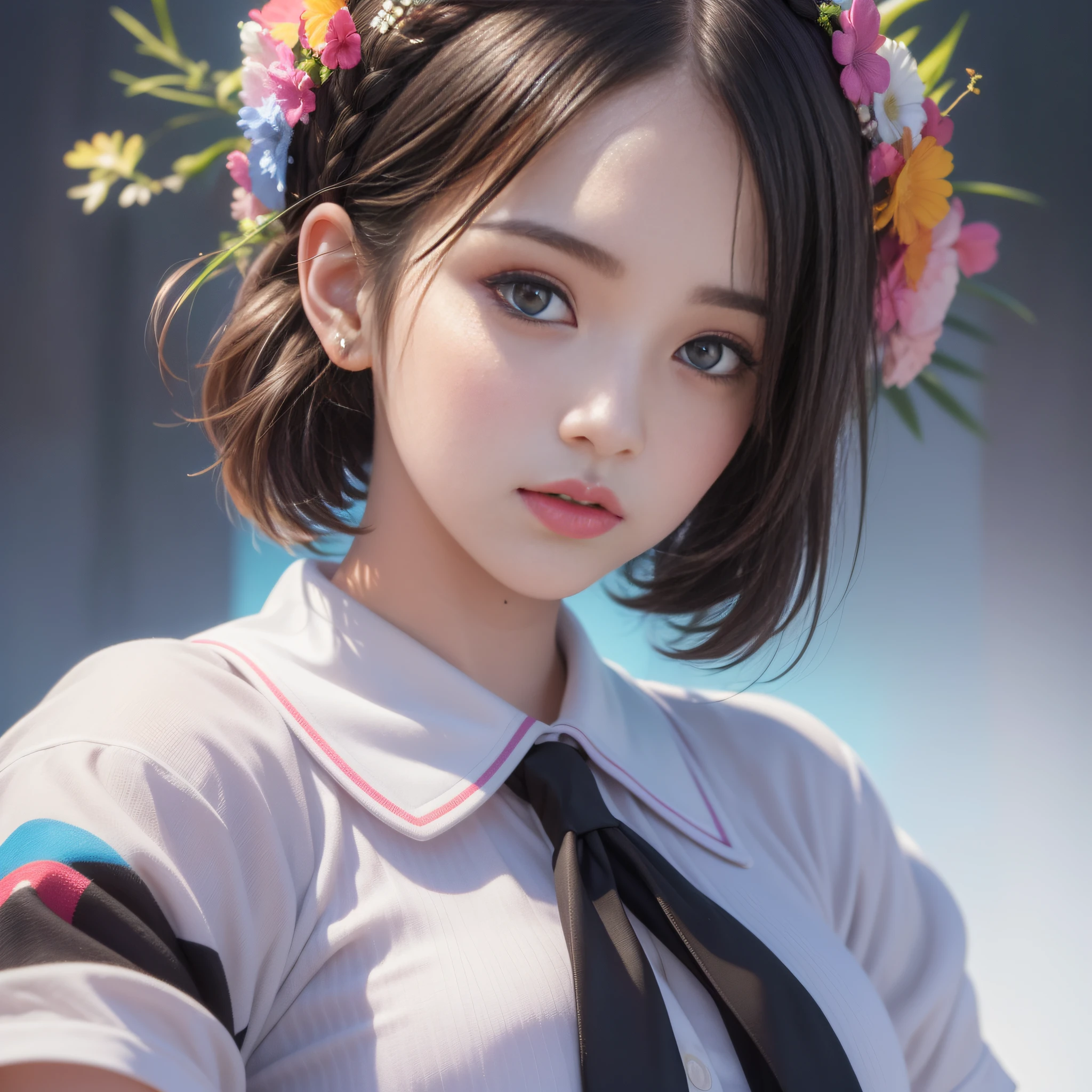 HD, 4K, 8K, Professional Photography, Regular Perspective, Sports View, Mild Sunshine, Sweet Style, ((((Colorful Character Pictures))), Clean and Neat Picture, Crystal Clear Picture Sense, (((beautiful)))), close-up of a woman with short hair, faint smile , (Colorful hair: 60), Chinese girl: , (((Black Pupil))), black pupil, Kawaii realistic portrait, upper body, upper body portrait, Waist above photo, (front face photo: 20), colorful braids, realistic hair, colorful headband, beautiful anime style, pure white background, white short sleeves, clothes on simple pattern, realistic anime art style, beautiful anime portrait, realistic art style, [stunning real face portrait, colorful]", vibrant fantasy style, cute art style, vibrant realistic colors, realistic style, beautiful girl, character as core, digital art, Realist style, live-action CG, looking at the audience.