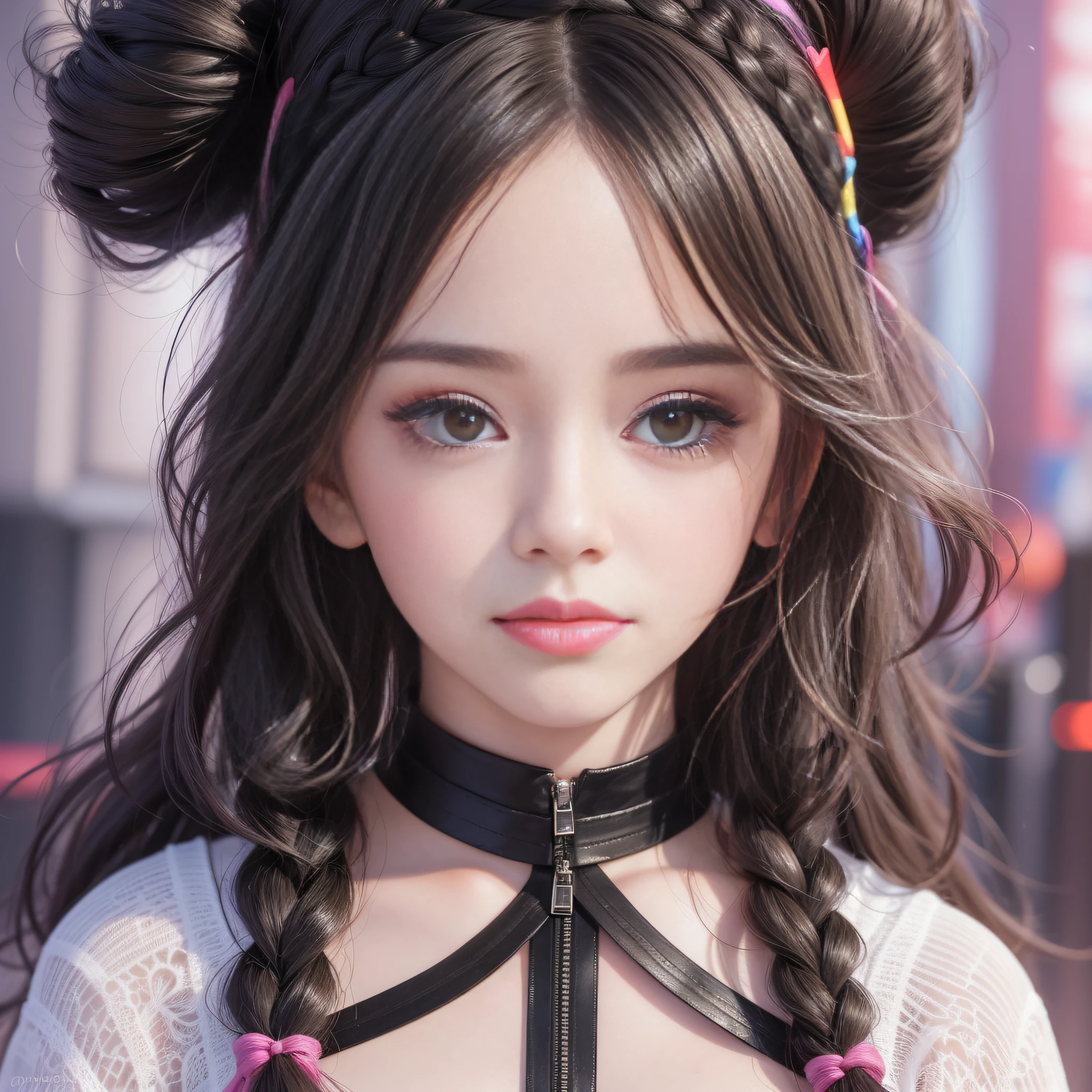 HD, 4K, 8K, Professional Photography, Regular Perspective, Sports View, Mild Sunshine, Sweet Style, ((((Colorful Character Pictures))), Clean and Neat Picture, Crystal Clear Picture Sense, (((beautiful)))), close-up of a woman with short hair, faint smile , (Colorful hair: 60), Chinese girl: , (((Black Pupil))), black pupil, Kawaii realistic portrait, upper body, upper body portrait, Waist above photo, (front face photo: 20), colorful braids, realistic hair, colorful headband, beautiful anime style, pure white background, white short sleeves, clothes on simple pattern, realistic anime art style, beautiful anime portrait, realistic art style, [stunning real face portrait, colorful]", vibrant fantasy style, cute art style, vibrant realistic colors, realistic style, beautiful girl, character as core, digital art, Realist style, live-action CG, looking at the audience.