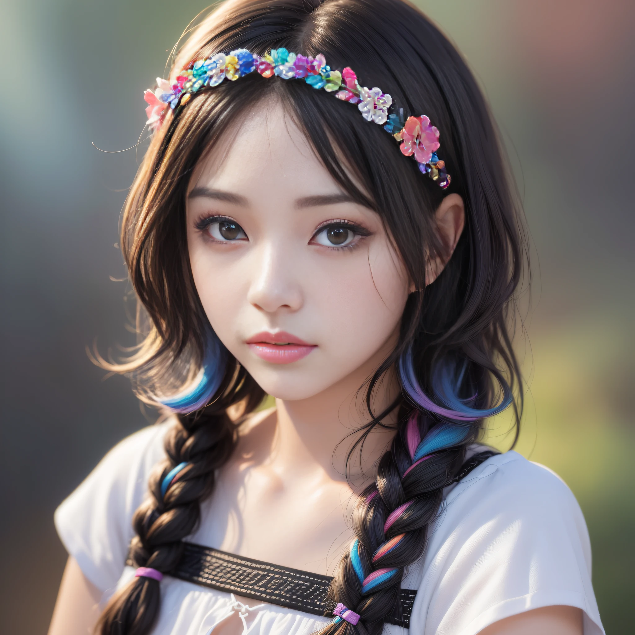 HD, 4K, 8K, Professional Photography, Regular Perspective, Sports View, Mild Sunshine, Comic Style, Oil Painting Tones, High Saturation of Colors, ((((Colorful Character Pictures)))), Clean and Neat Picture, Crystal Clear Picture Sense, (((((beautiful)))), Close-up of a woman with short hair, faint smile, (Colorful hair: 60), Chinese girl: , (((Black Pupil Ren))), Black Pupil, Kawaii realistic portrait, upper body, upper body portrait, waist above photo, (front face photo: 20), colorful braids, realistic hair, colorful headband, beautiful anime style, pure white background, white short sleeves, simple pattern, realistic anime art style, beautiful anime portrait, realistic art style, [stunning real face portrait, colorful]", vibrant fantasy style, cute art style, vibrant realistic color, realistic style, realistic style, beautiful girl, character as core , digital art, realistic style, live-action CG, looking at the audience.