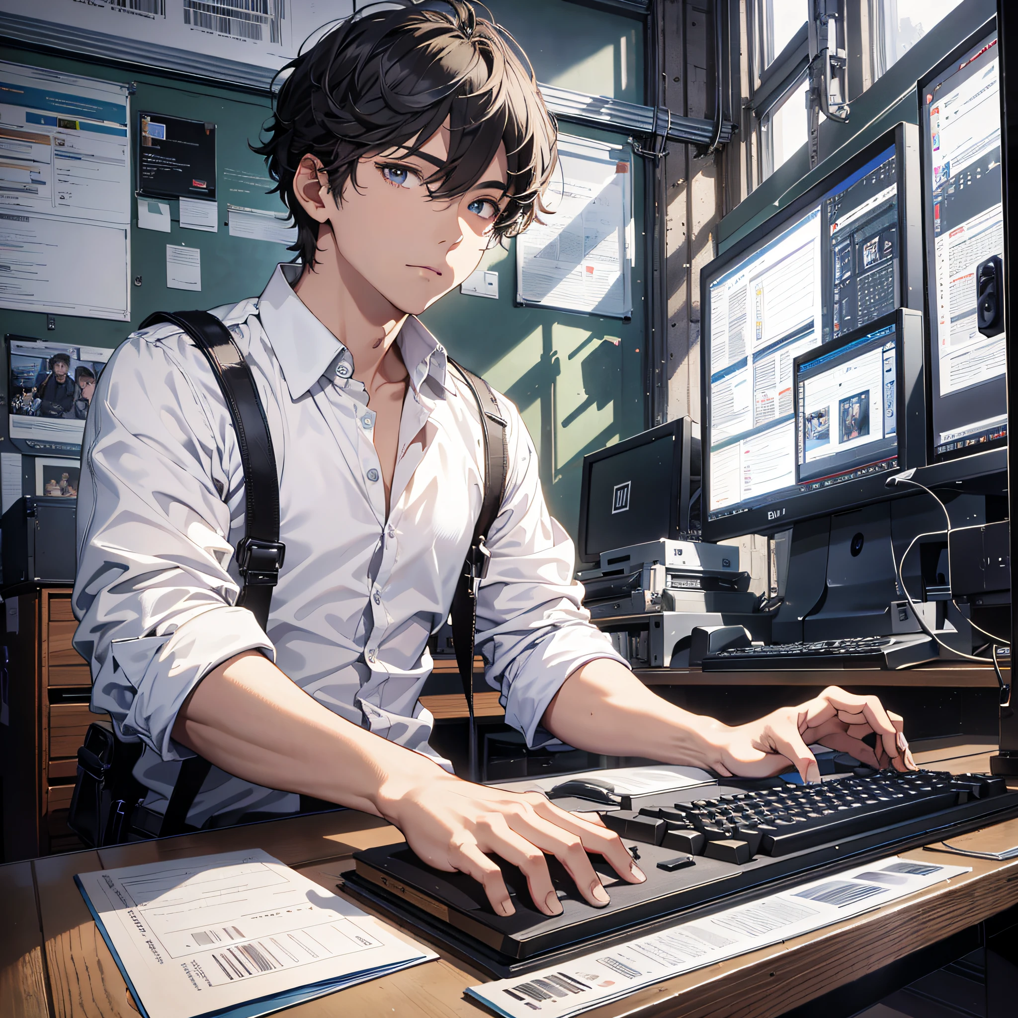 Absurd resolution, high resolution, (masterpiece: 1.4), hyper-detail, 1boy, face focus, mature men, student wear, white shirts, Internet cafes, operating keyboards, a lot of information