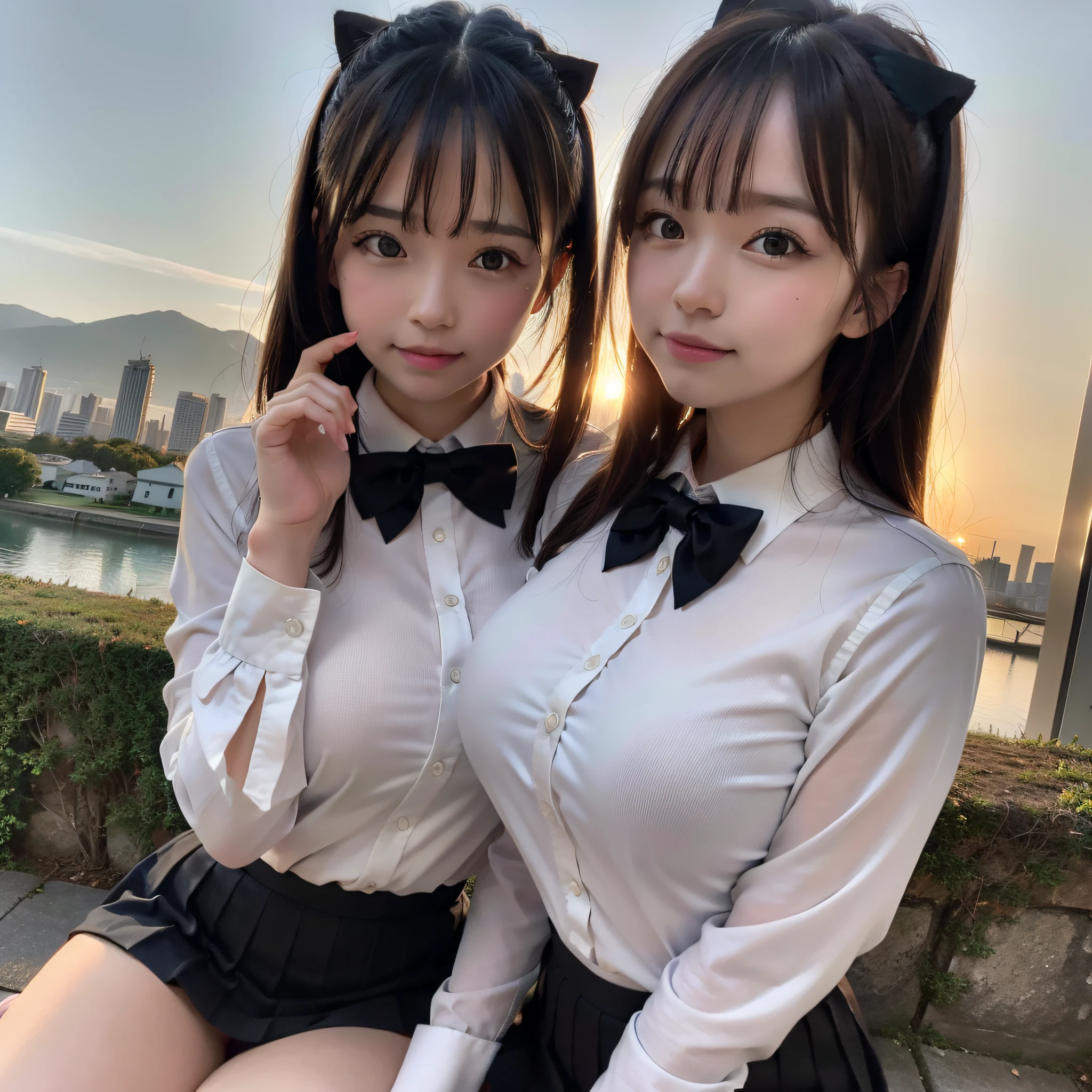 There is a woman who is in the cemiterio dawn, (8k, RAW photo, best quality, masterpiece: 1.2), (realistic, photo-realistic: 1.37), ultra-detailed, 1 girl, beautiful, solo, beautiful detailed sky, night, sitting, dating, (flushed nose), (smile: 1.1), medium breasts, beautiful detailed eyes, (collared shirt: 1.1), bow tie, pleated skirt,