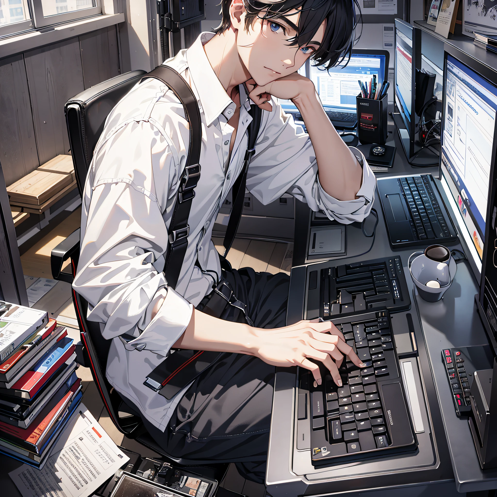 Absurd resolution, high resolution, (masterpiece: 1.4), hyper-detail, 1boy, face focus, mature men, student wear, white shirts, Internet cafes, operating keyboards, a lot of information