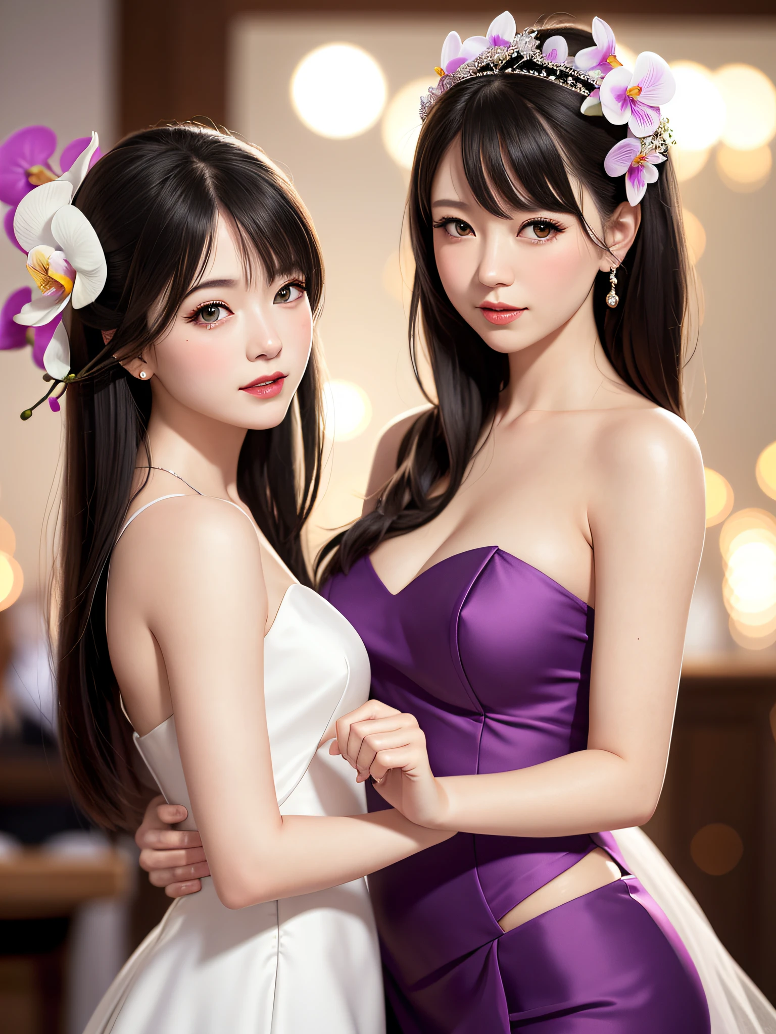 orchid wedding dress,purple short skirt,woman,japanese,cute face,pretty face,bare shoulders,shoulders slightly exposed,black eyes,black hair,(photorealistic:1.4),realistic details, high resolution,bokeh,outstanding details