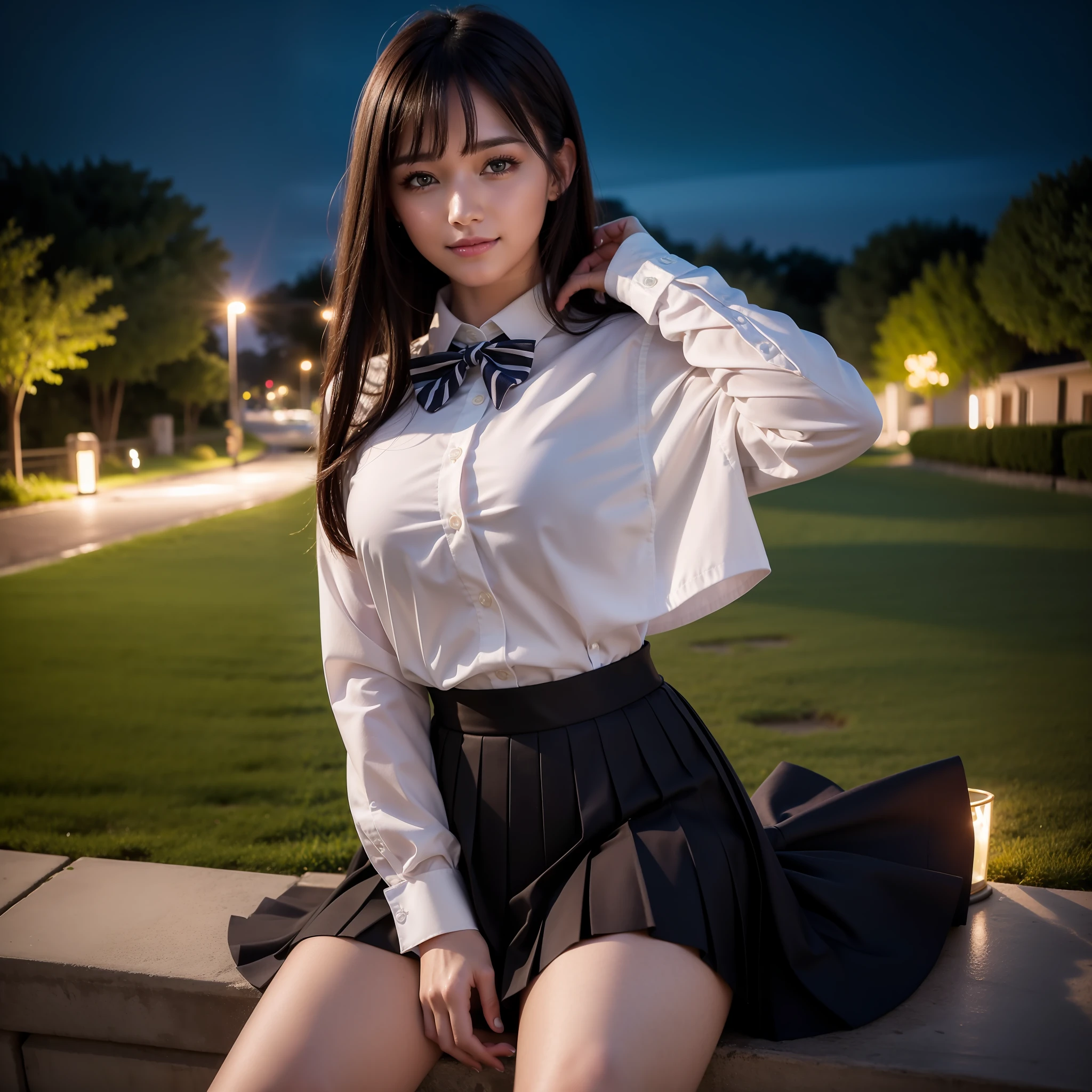 There is a woman who is in the cemiterio at night, (8k, RAW photo, best quality, masterpiece: 1.2), (realistic, photo-realistic: 1.37), ultra-detailed, 1 girl, beautiful, solo, beautiful detailed sky, night, sitting, dating, (flushed nose), (smile: 1.1), medium breasts, beautiful detailed eyes, (collared shirt: 1.1), bow tie, pleated skirt,