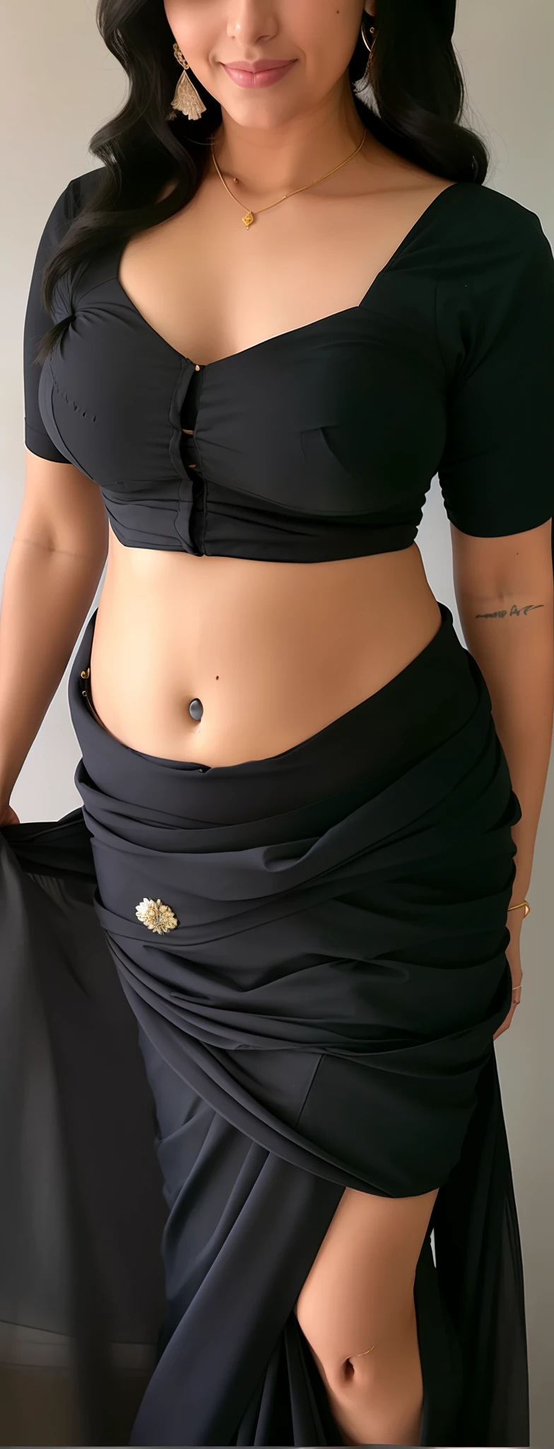 a little more lower waist saree, and slim stomach, deep navel