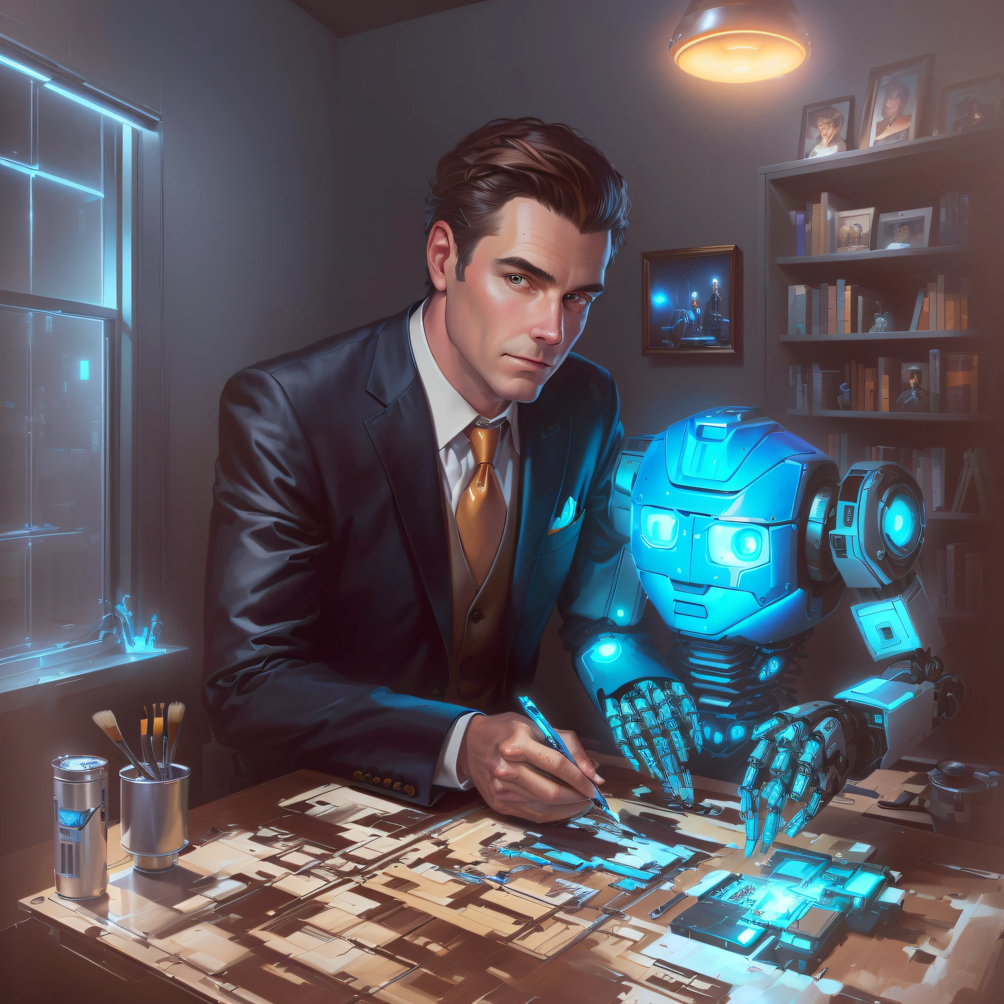 Painting of a man in a suit and tie, medium brown hair sitting at a table with a humanoid robot, robot painting a robot on canvas, portrait of a hungry AI artist, Michael Cheval (Unreal Engine, Thomas Kinkade and Tristan Eaton, portrait of a robot, a still life of a robot, the man with the robot head,  Alex Gross, PJ Crook, Portrait of a futuristic robot