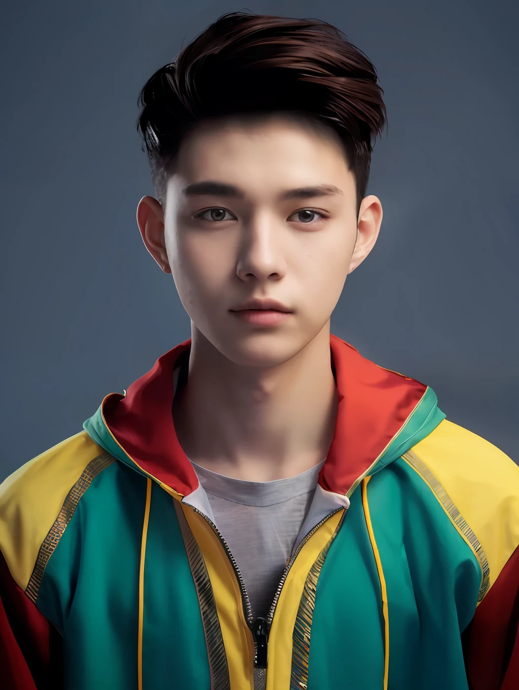 20-year-old male, inch-headed, straight facial features, uniform light on the face, looking at the camera, handsome face, model, front