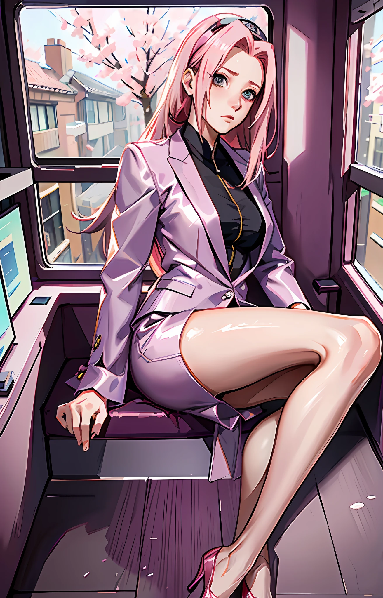 Sakura haruno, ((solo)), alone, ((forehead the show)), elegant,wearing a feminine suit, pink hair, delicate, young, long hair, detailed face, high definition, ((full body)), full body, ((serious)), in an office looking at the city outside the window, CEO, she is a beautiful woman of success, face with high quality,CEO