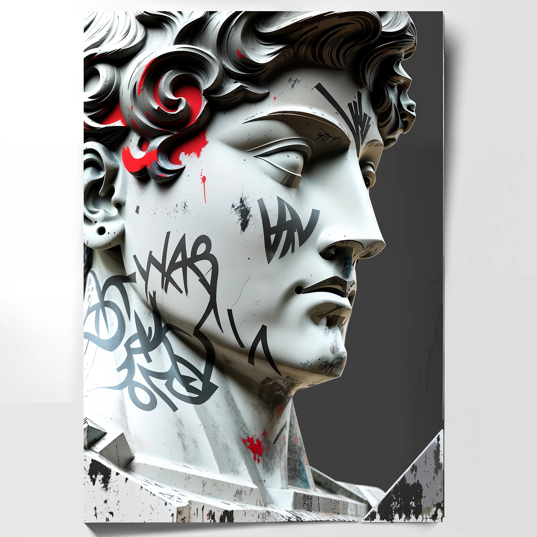 a close up of a statue with graffiti on it with a red spray paint, greek god, digital art h 9 6 0, digital art - w 640, artstyle of michelangelo, classicism artstyle, dramatic artwork, mixed art, michelangelo style, inspired by Michaelangelo, michaelangelo style, by Jan Kupecký, michael angelo inspired