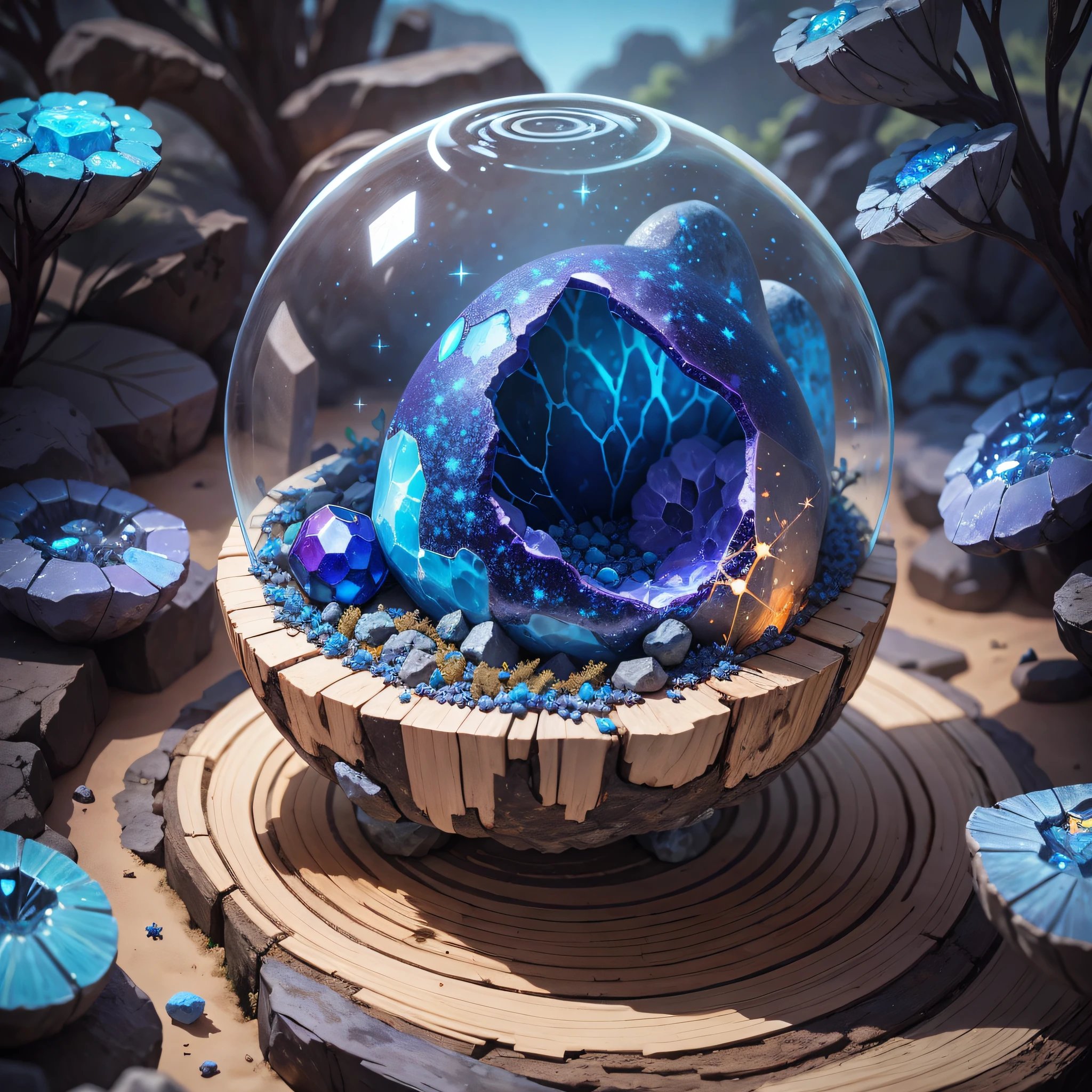 rocky anthill, half open blue geode, with round opals scattered, star fruit on the side, fantasy, with fireflies. --auto --s2
