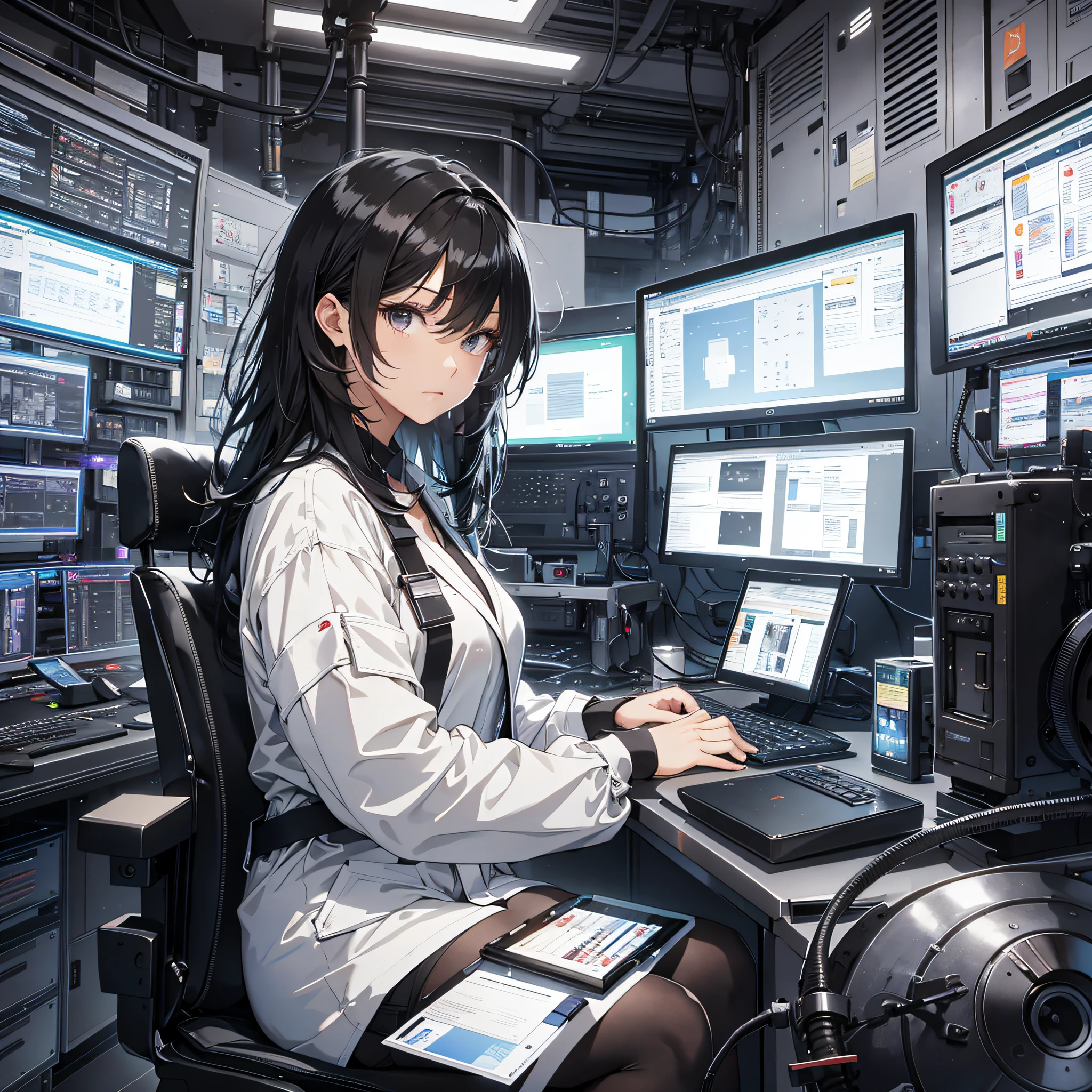 The black-haired young woman dressed as a technician has a serious expression, and the background is a large scientific research institute with many large screens, sitting in front of the computer to operate, with a serious expression