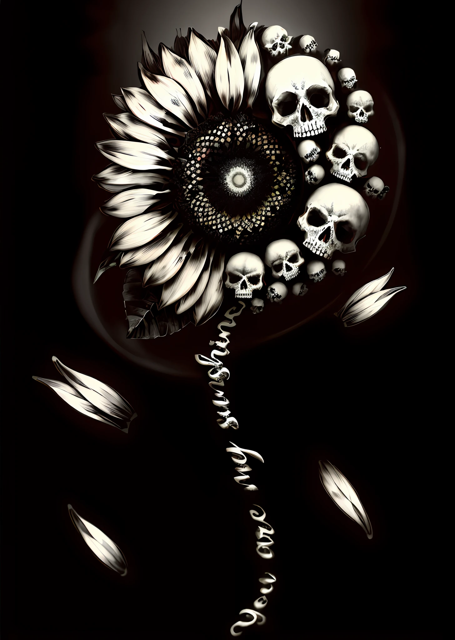 a black and white drawing of a sunflower with skulls floating around it, horror wallpaper aesthetic, inspired by Emily Shanks, grieving. intricate, life and death mixing together, phone background, flowers grow from the body, black and white color aesthetic, phone wallpaper, highly detailed dark art, by Maksymilian Gierymski, black background pinterest, BioPunkAI