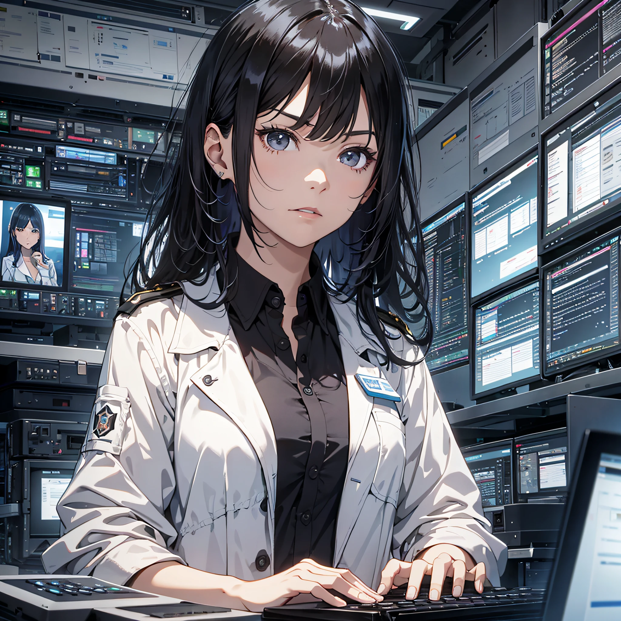 The black-haired young woman dressed as a technician has a serious expression, and the background is a large scientific research institute with many large screens, sitting in front of the computer to operate, with a serious expression