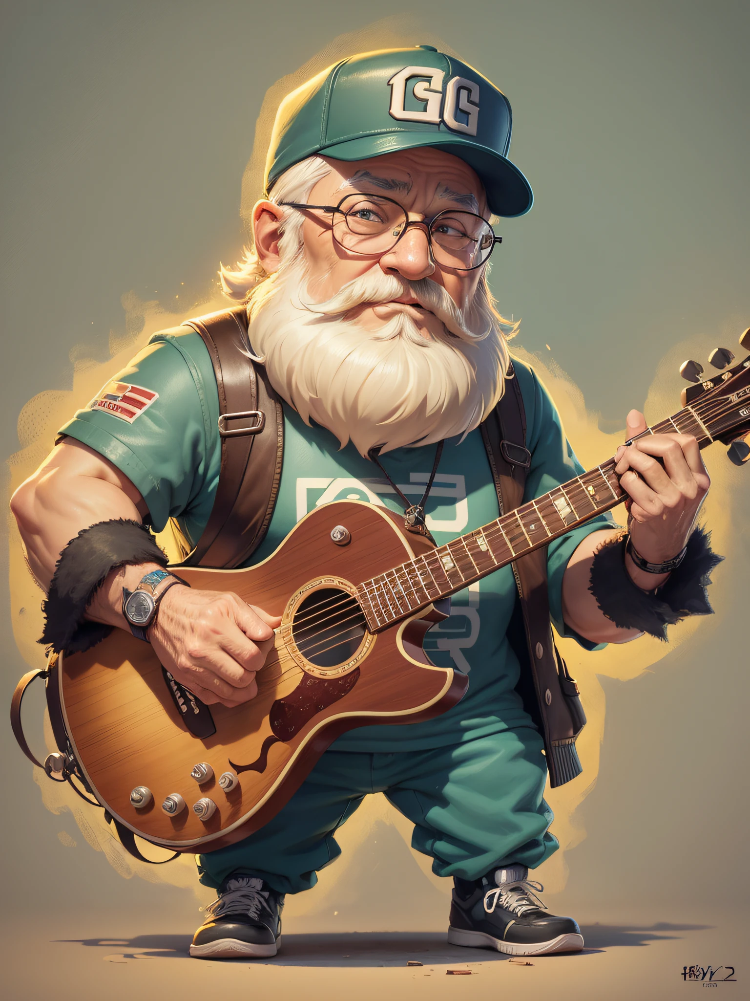 cartoon character of an old man with beard and glasses with a baseball cap, cute detailed digital art, high quality character design, highly detailed character design, game character design, adorable digital painting, game character art, musician, highly detailed character, anthropomorphic musician hero, 2d illustration, 2d illustration, by Yu Zhiding, great character design --auto --s2