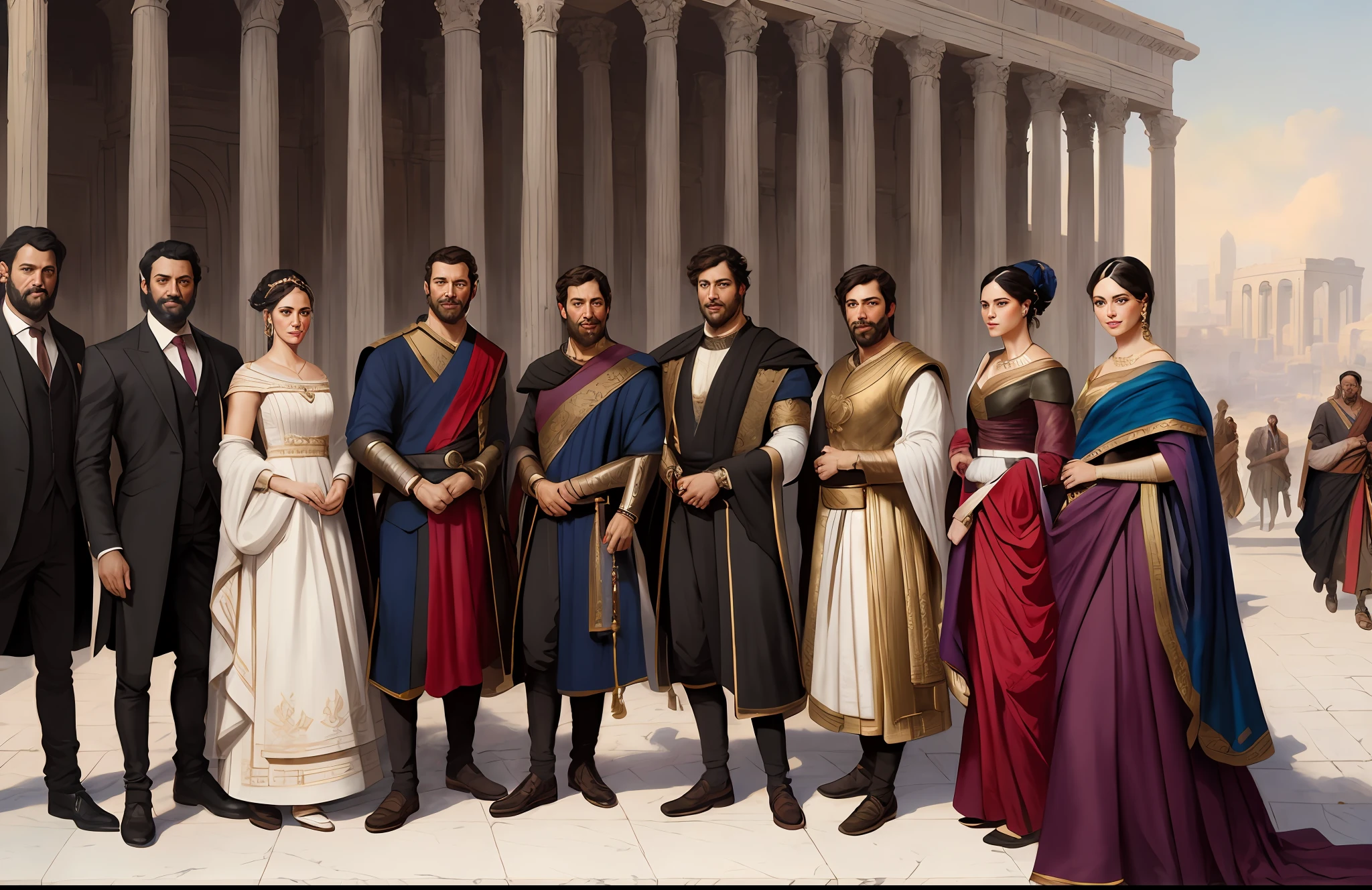 A portrait withrich people in a city in the 2nd century, beautiful painting with highly detailed face by Greg Rutkowski and Magali Villanueve