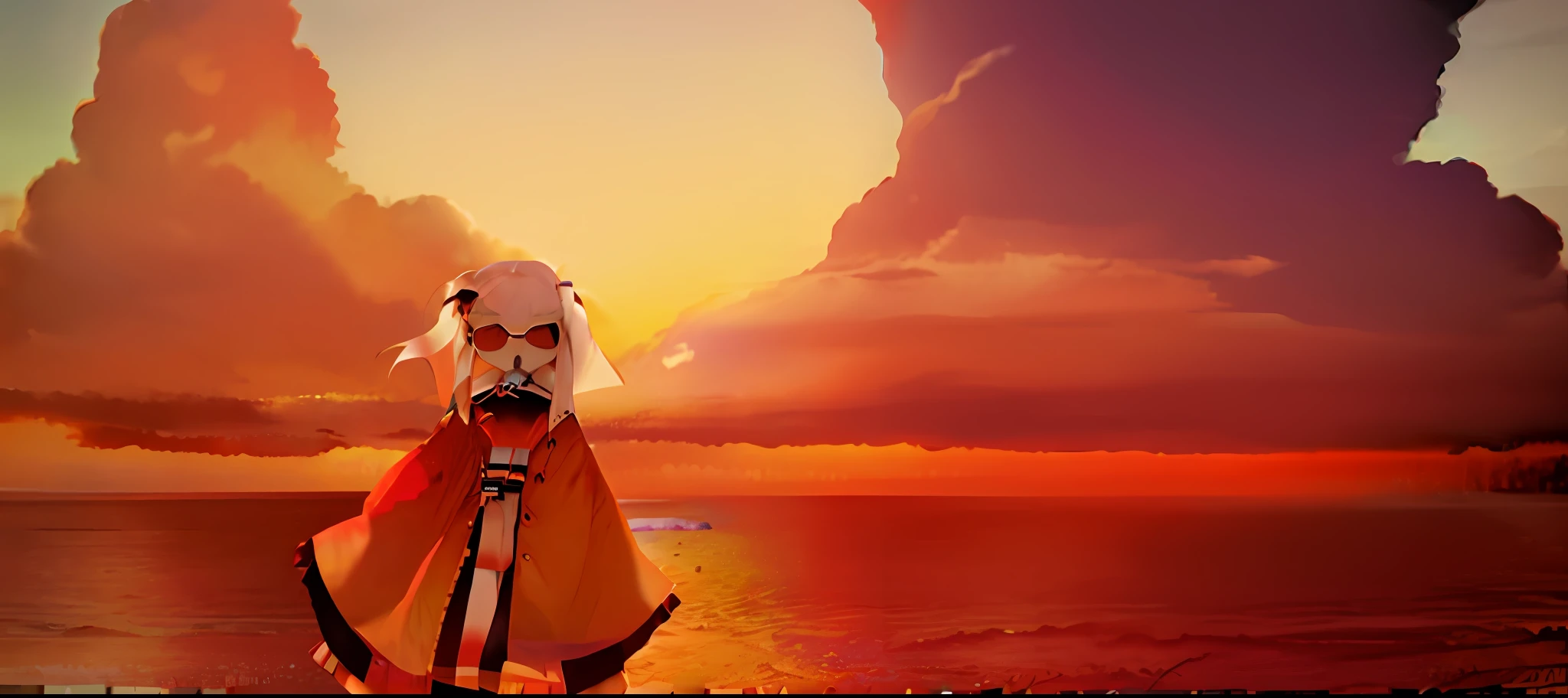 On the beach stands a woman wearing sunglasses, long white hair fluttering in the wind, anime style. 8K, Ati Guilan 8K, anime style 4K, watch the sunset. Anime, inspired by Yasuyo Matsumoto, anime-style 3D, looking at the sea of red, ((sunset)), stylized anime, inspired by Artie Guéran