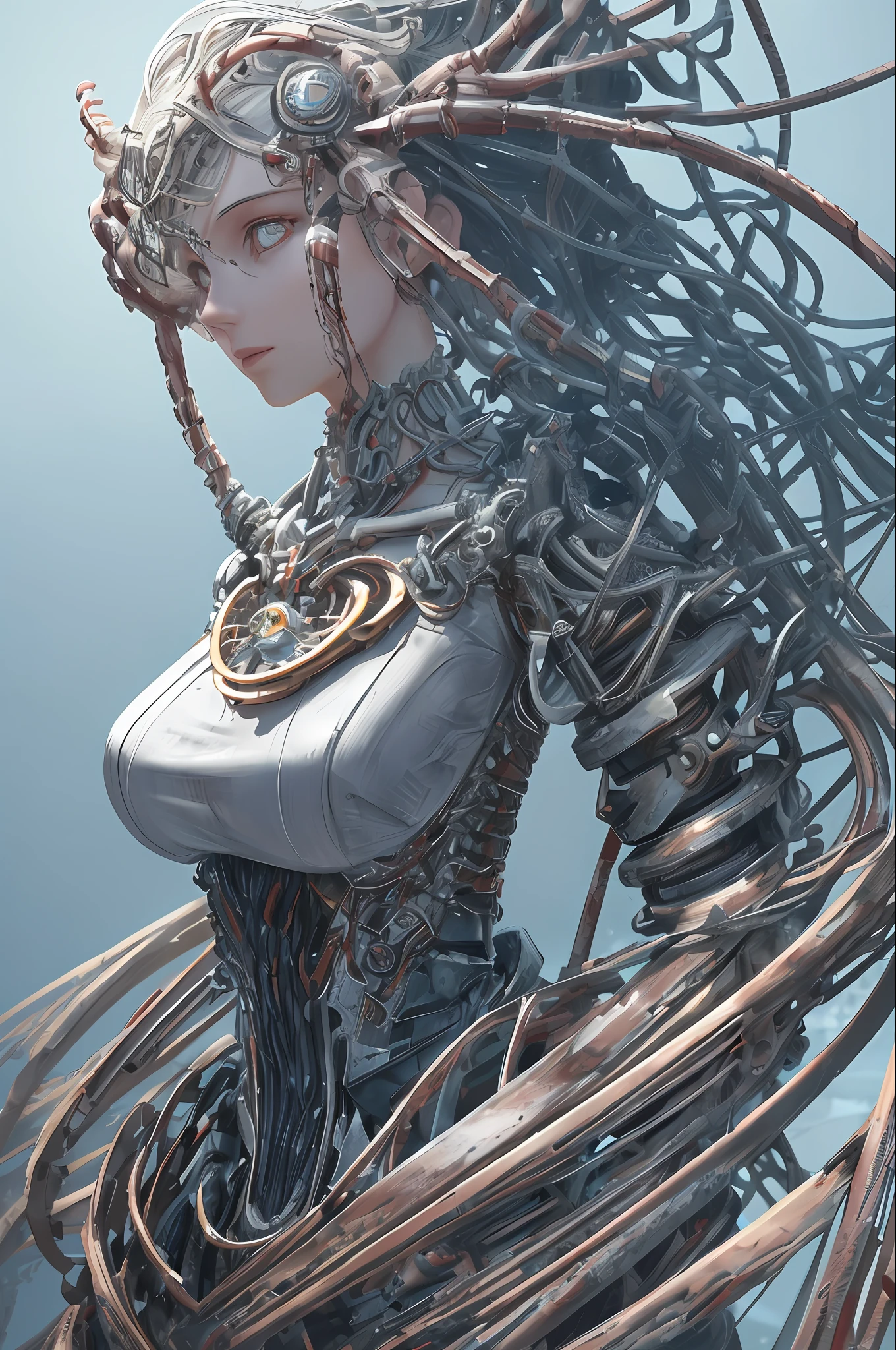 Vast Ocean (Ultra Definition Detail), 1 Mechanical Girl, (((Ultra-Realistic Detail)), Portrait, Global Illumination, Shadows, Octane Rendering, 8K, Ultra Sharp, Metal, Intricate Ornament Details, Warm Colors, Greek Details, Very Intricate Details, Realistic Light, CGSoation Trends, Glowing Eyes, Odd Eye, Facing the camera, neon details, mechanical limbs, blood vessels connected to tubes, mechanical vertebrae attached to the back, mechanical cervical attachment to the neck, standing, wires and cables connecting to the head