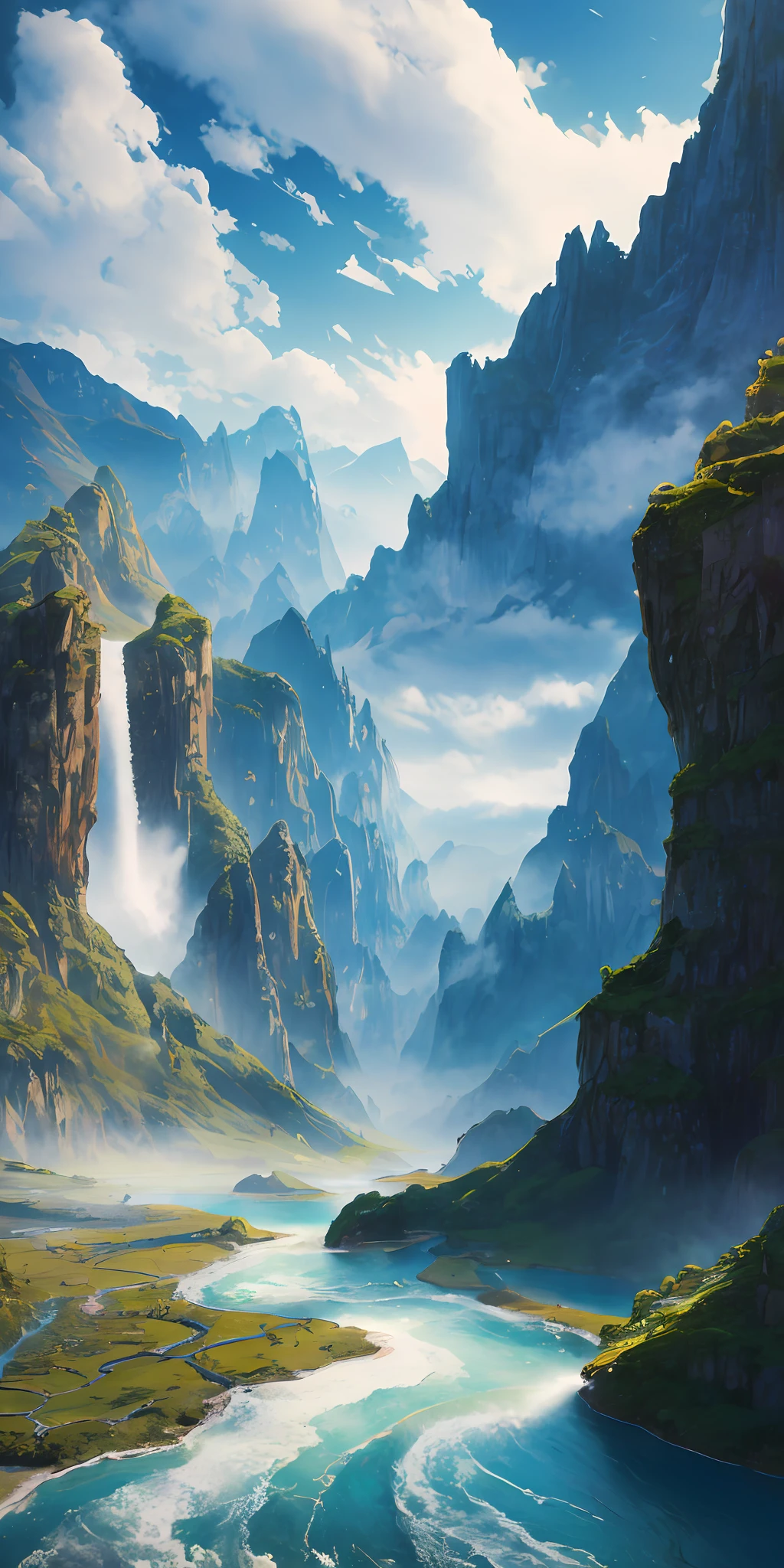 Masterpiece, best quality, high quality, extremely detailed CG unity 8k wallpaper, landscape, outdoor, sky, clouds, sky, no humans, mountain, landscape, water, tree, blue sky, waterfall, cliff, nature, lake, river , cloudy skies, award winning photography, bokeh, depth of field, HDR, bloom, chromatic aberration, photorealism, very detailed, trending on artstation, trending on CGsociety, intricate, high detail, dramatic, half way art