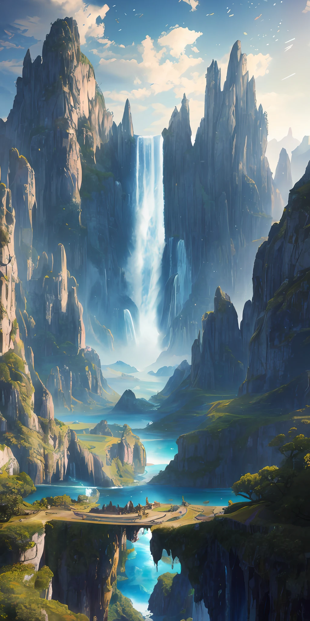 Masterpiece, best quality, high quality, extremely detailed CG unity 8k wallpaper, landscape, outdoor, sky, clouds, sky, no humans, mountain, landscape, water, tree, blue sky, waterfall, cliff, nature, lake, river , cloudy skies, award winning photography, bokeh, depth of field, HDR, bloom, chromatic aberration, photorealism, very detailed, trending on artstation, trending on CGsociety, intricate, high detail, dramatic, half way art
