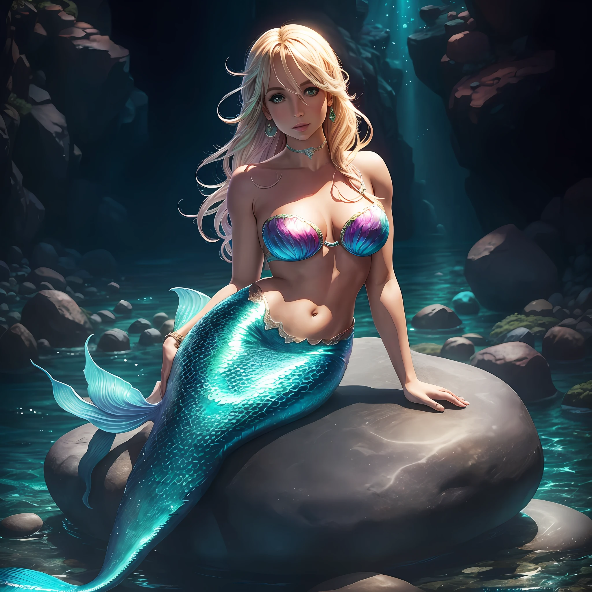 Mermaid Britney Spears sitting on a hyper reality rock --auto --s2