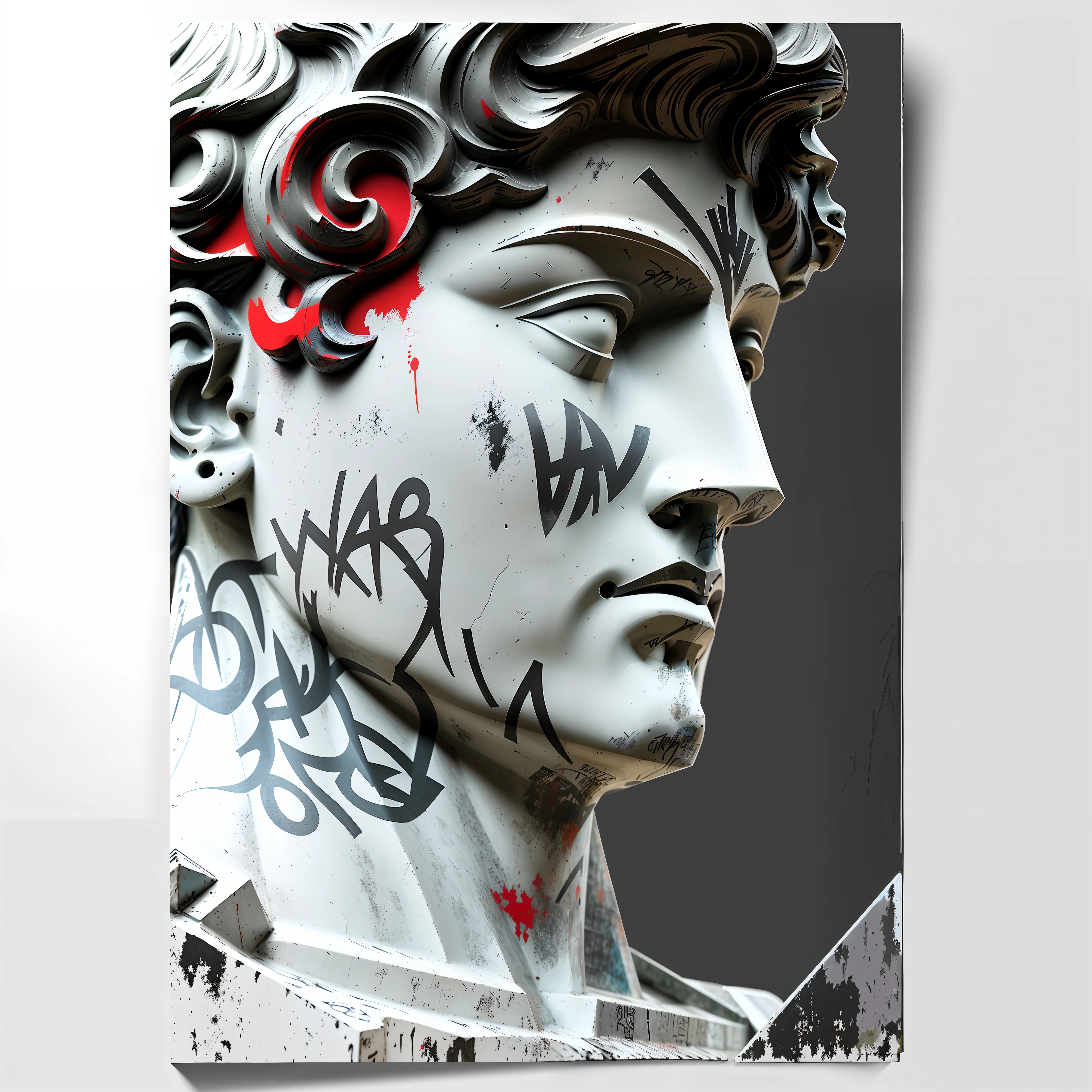a close up of a statue with graffiti on it with a red spray paint, greek god, digital art h 9 6 0, digital art - w 0, artstyle of michelangelo, classicism artstyle, dramatic artwork, mixed art, michelangelo style, inspired by Michaelangelo, michaelangelo style, by Jan Kupecký, michael angelo inspired