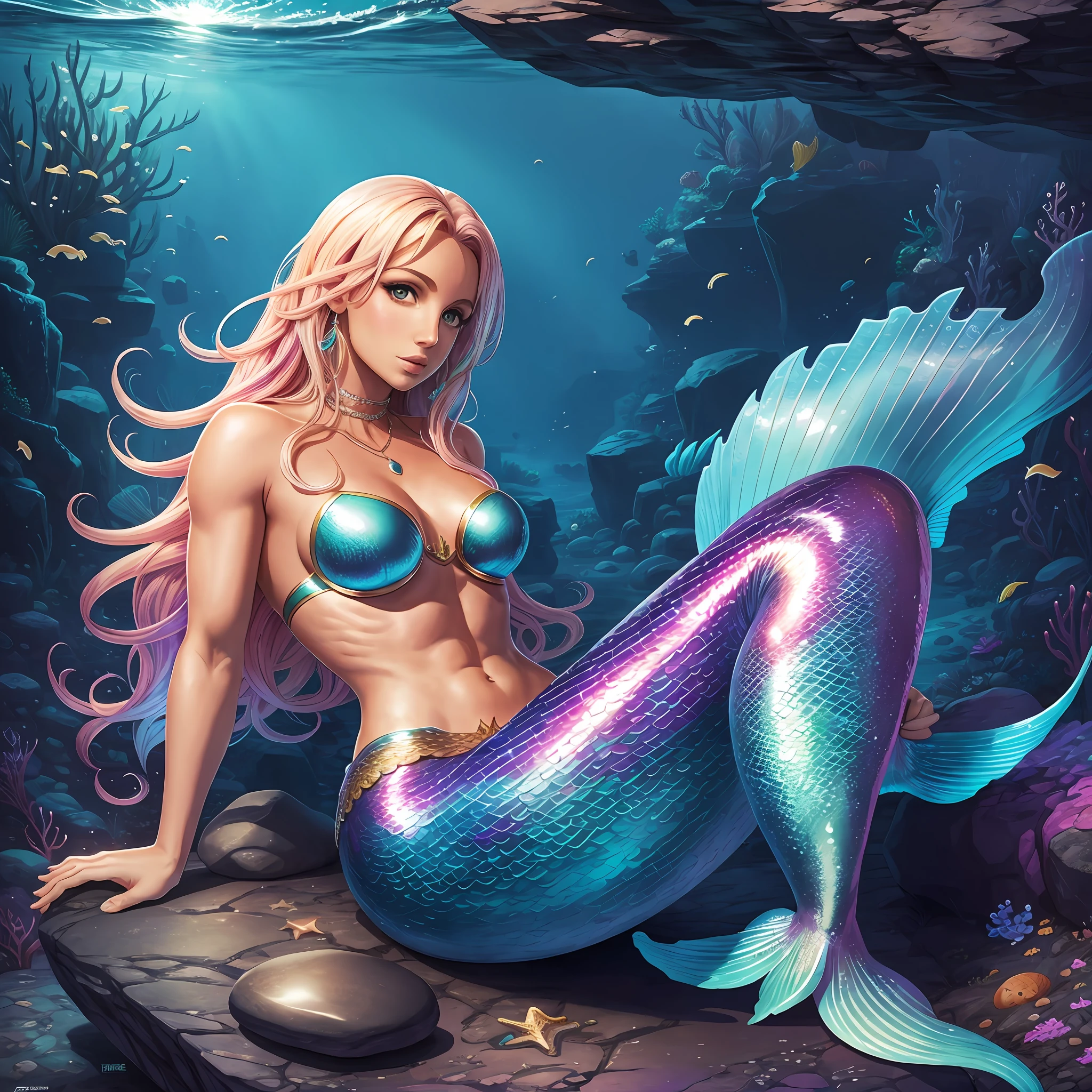 Mermaid Britney Spears sitting on a hyper reality rock --auto --s2