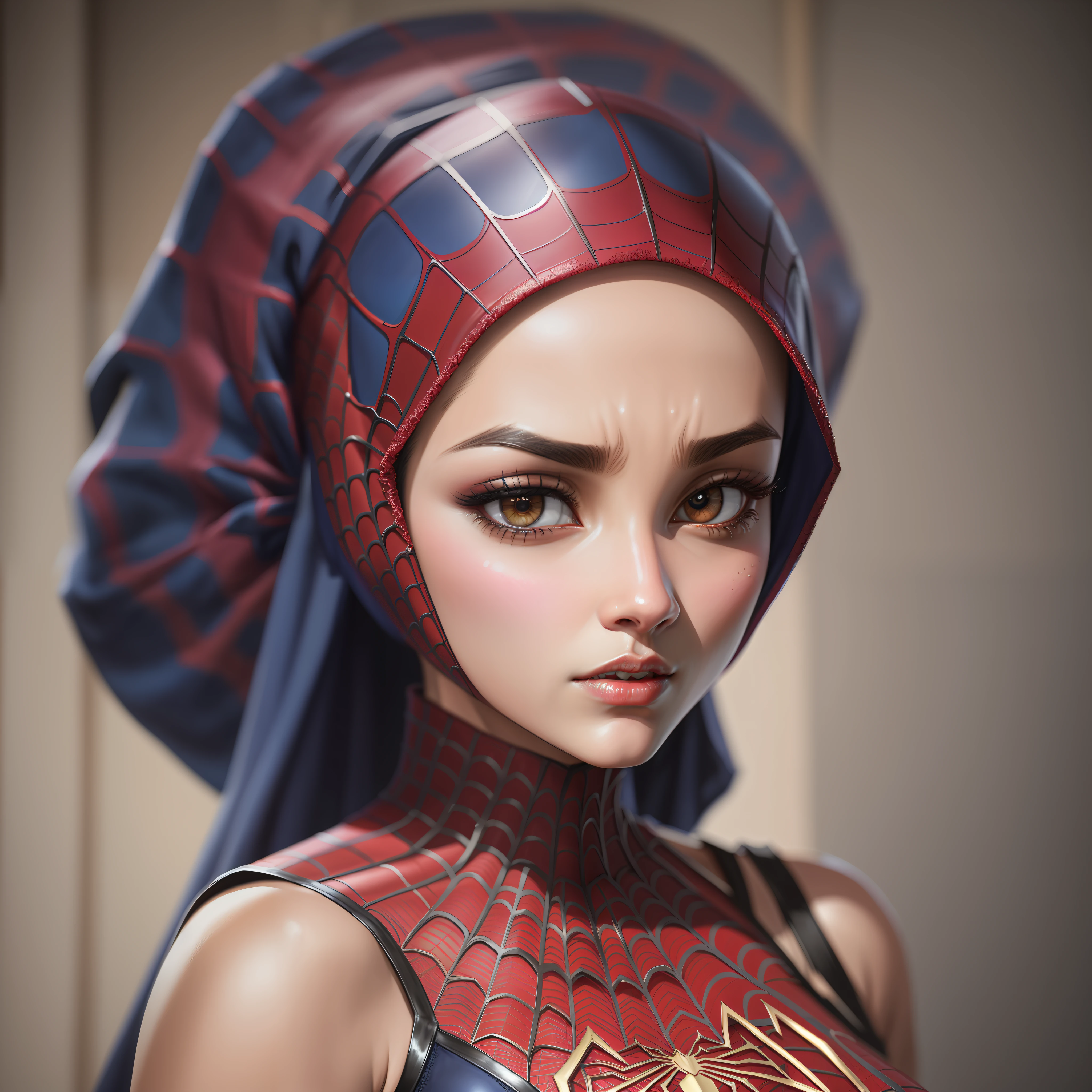 (best quality, exceptionally detailed), Embodying two different cultures in one cosplay (muslim hijab:1.2 + spiderman:1.1), incredible costume design, stunning hair, flawless makeup, dramatic expression, detailed background, powerful emotion, cinematic light and shadow.