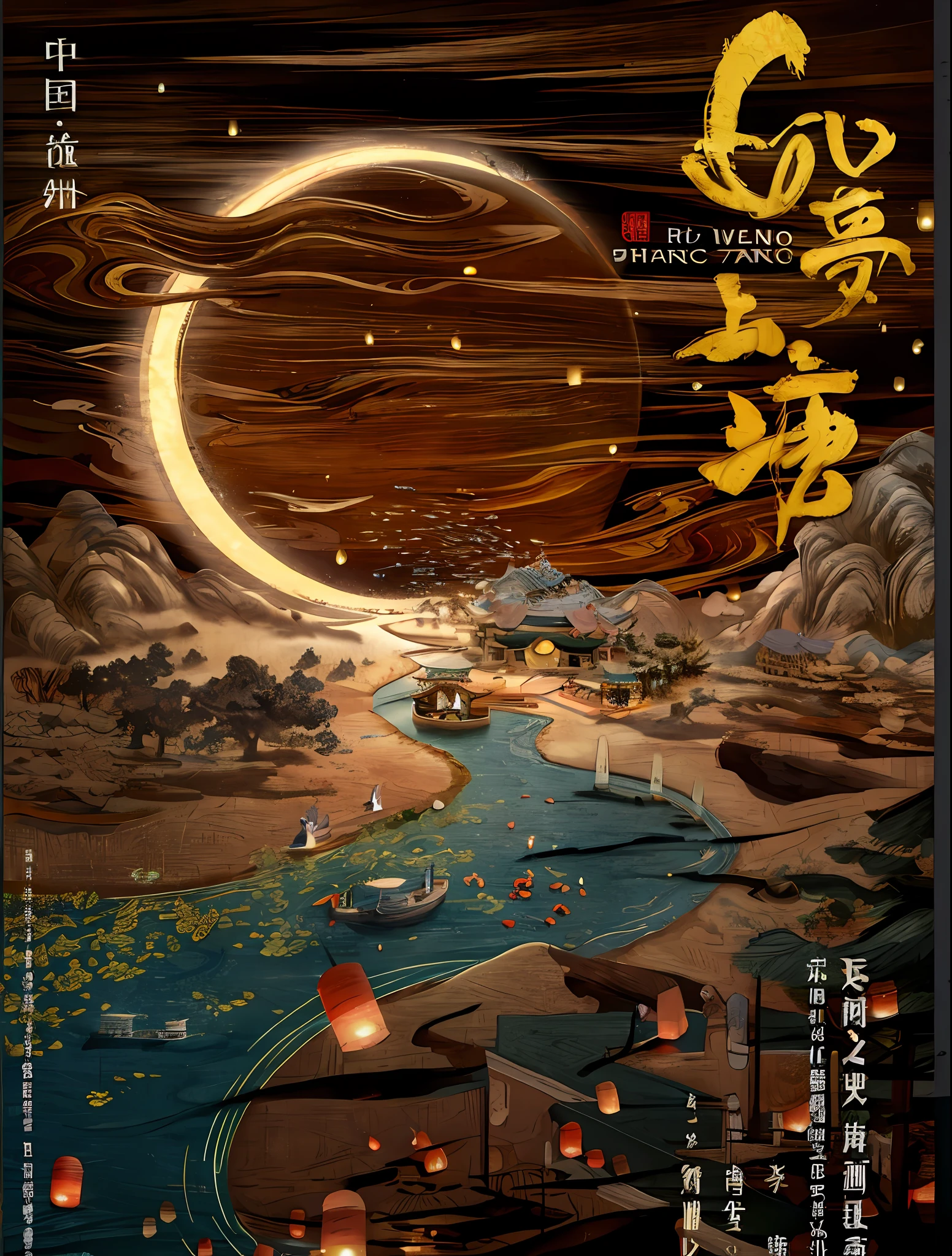 there is a poster with a picture of a moon and a river, inspired by Wu Hong, inspired by Hu Jieqing, inspired by Luo Mu, beautiful render of tang dynasty, poster illustration, a beautiful artwork illustration, poster shot, inspired by Luo Ping, official poster, official artwork, moon light fish eye illustrator, inspired by Xiao Yuncong --auto --s2