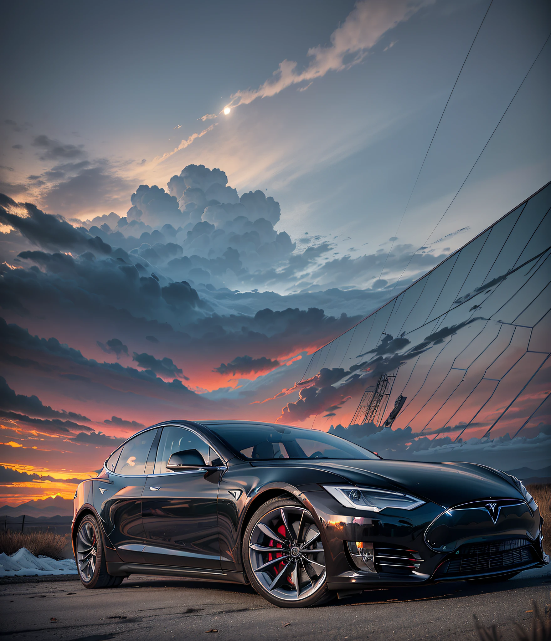 (Summary: 1.2) Front view (Tesla car, beautiful clouds, night: 1.1) portrait, artistic and sharp dark art, (Dan Mumford style: 1.3), HDR, realism, cinematic atmosphere, Lovecraft style, (Jim JorCrafLogo art style: 1.4), Real Elon Musk, Elon Musk on the side of the car. --auto --s2