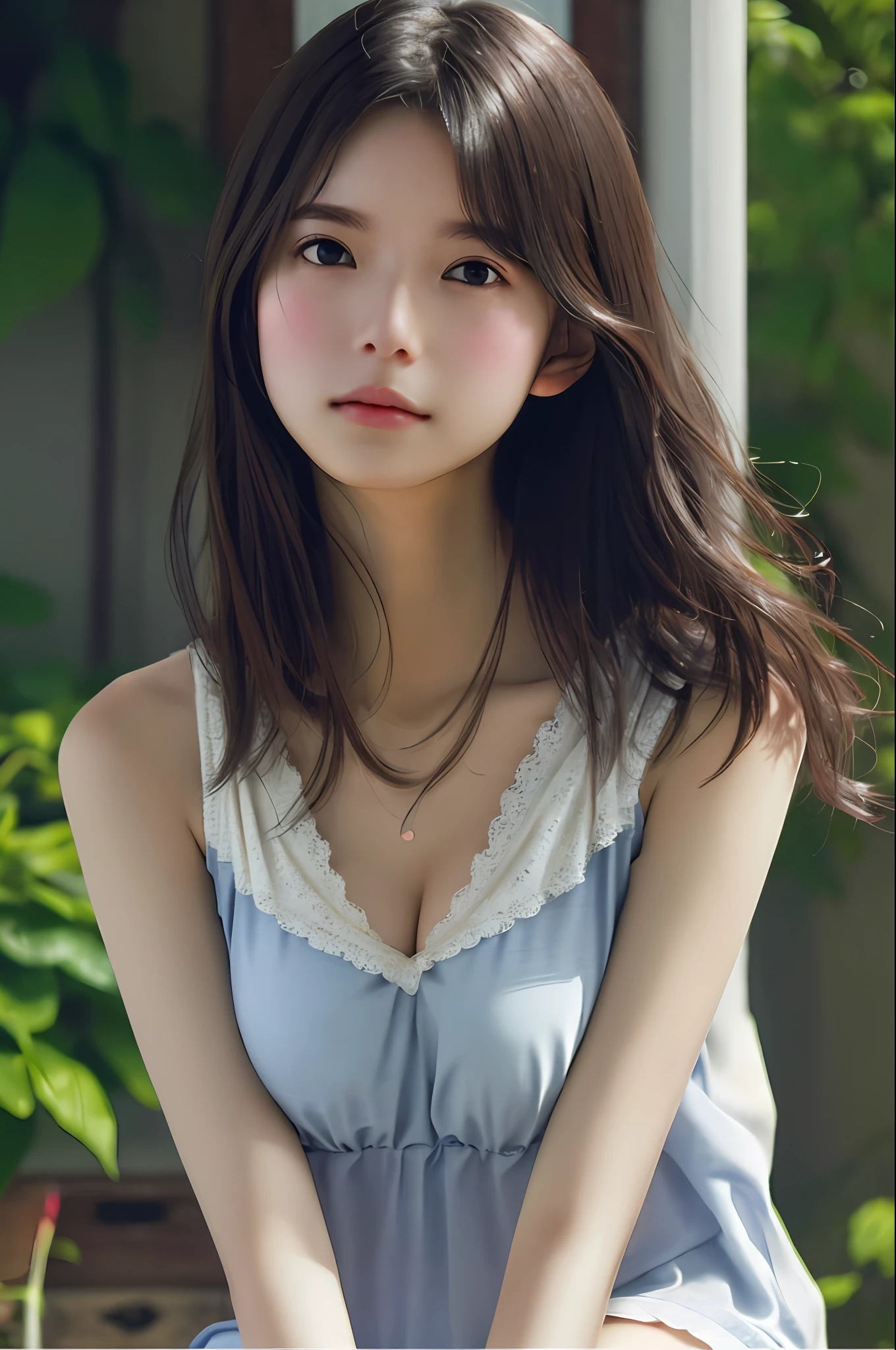 Cinematic portrait photography, 1girl, bare shoulders, wavy shoulder-length hair, serene, calm, (realistic detail eyes, natural skin texture, realistic face details), soft dramatic lighting, depth of field, bokeh, vibrant detail, fine detail, surreal, 35mm film, hazy blur, film, big breasts, cleavage, stockings