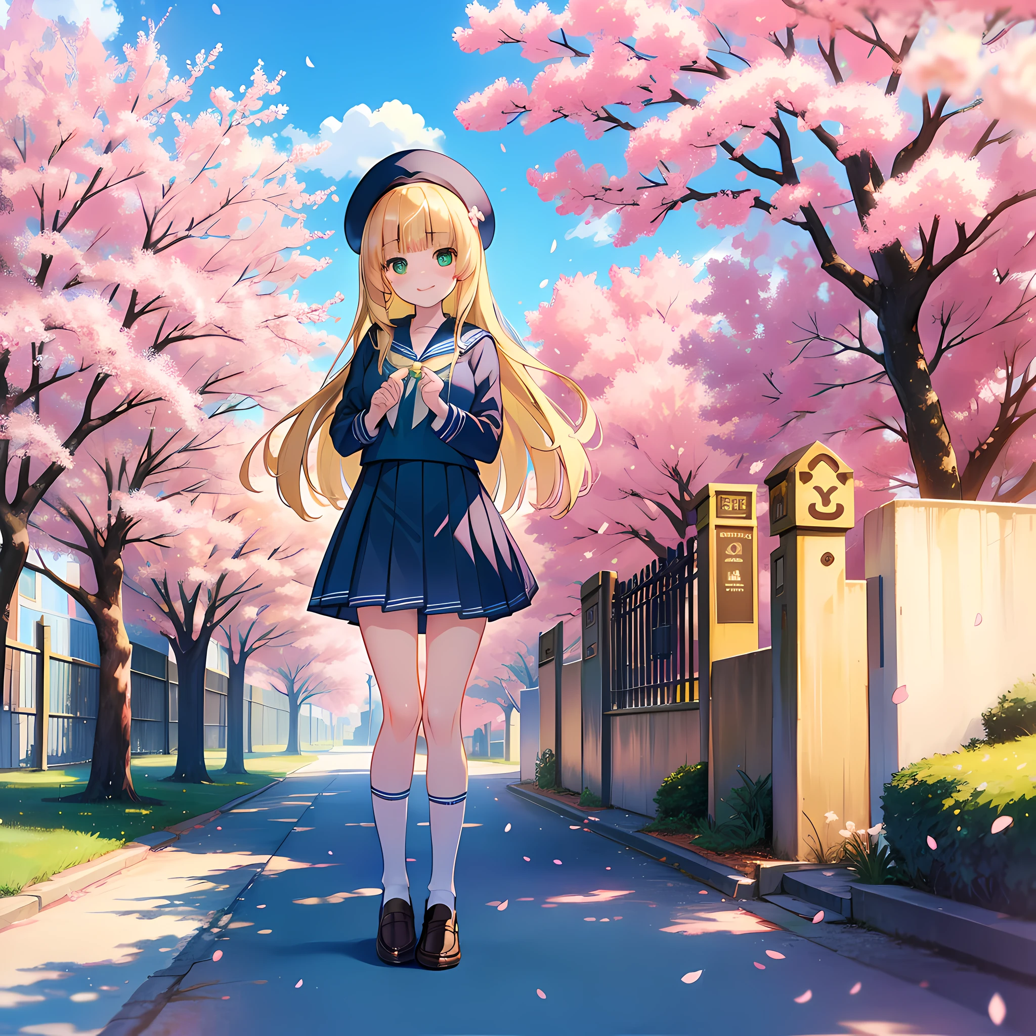cute little girl standing in front of the school gate,blonde hair,green eyes,long hair,(blunt bangs),(sailor uniform:1.3),loose socks,loafers,full body,smile,kawaii,cowboy shot,concept art,cherry blossom tree,blue sky