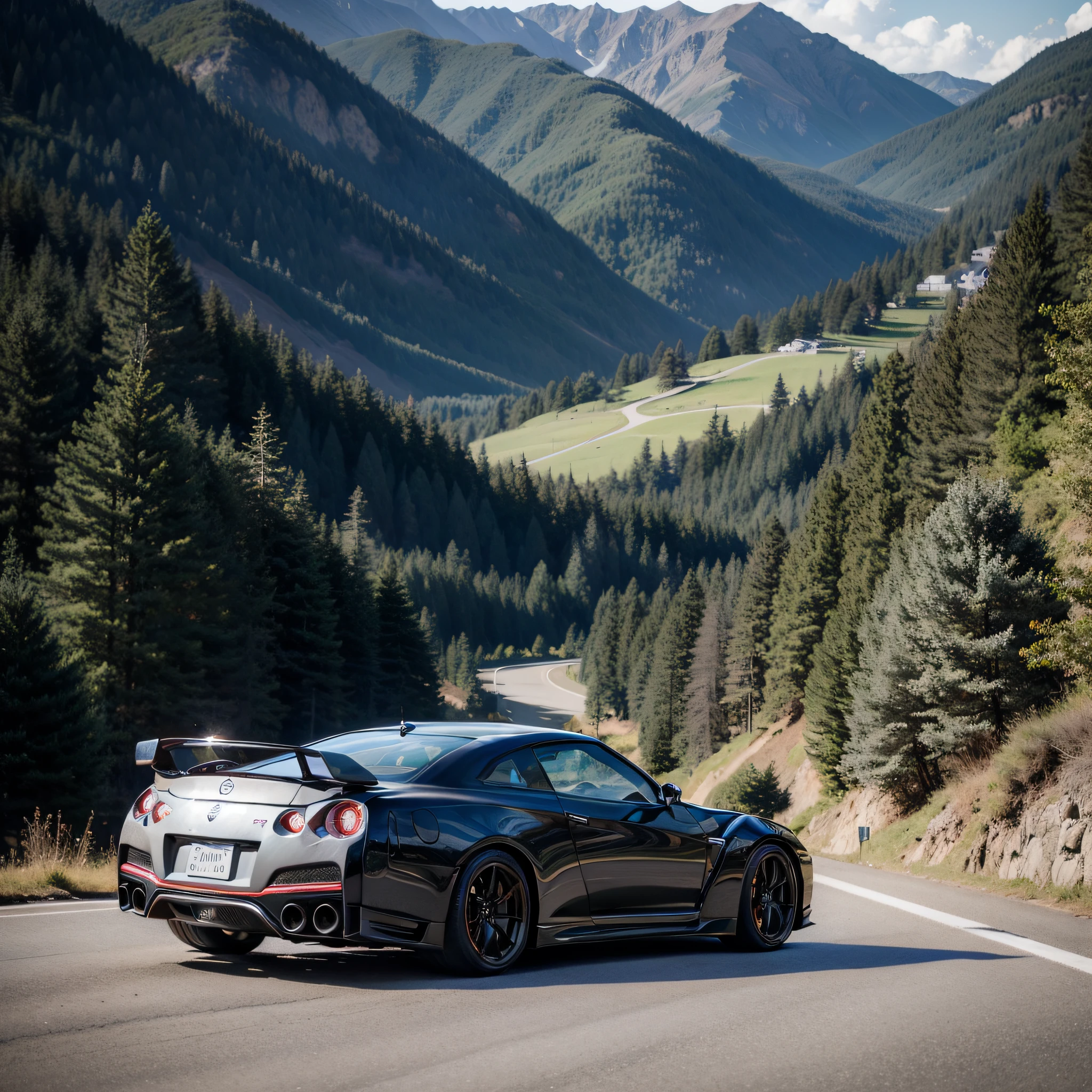 Nissan GTR R34 accelerating on the mountain road, displaying its powerful engine and sleek design while dodging the winding and challenging curves, enveloped by the beautiful mountain landscape, creating an exciting and dynamic atmosphere.