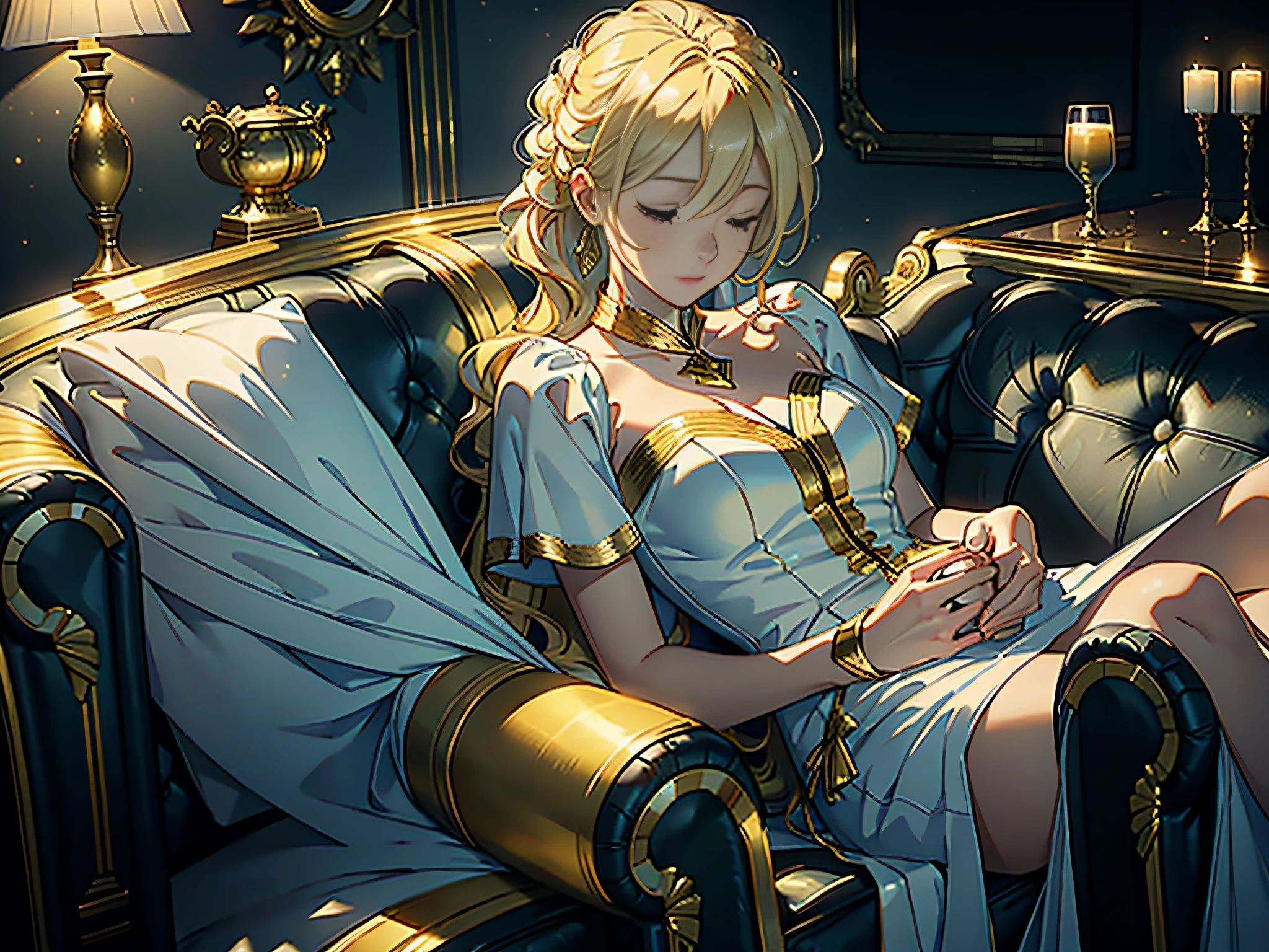 ((Masterpiece)), ((Best Quality)), 8K, HD, Super Detail, (Woman), (White Dress Inlaid with Yellow Gold Rim), (Golden Hair Shawl Scattered), (Expression Close Eyes) (Sleeping on KTV Sofa 1.6)(Full Body Display 1.5) The artwork is a masterpiece, with the best quality and super detail, captured in 8K HD. Photographic realistic, realistic, very detailed illustrations realistic, octane rendering