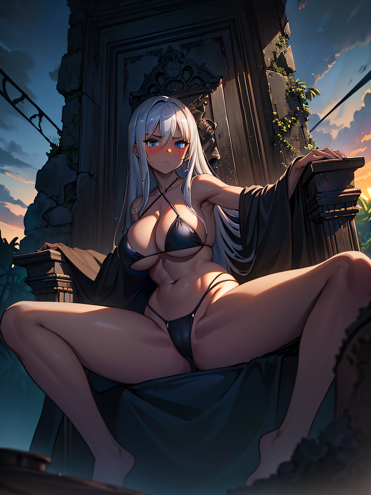 (Masterpiece, best quality, photorealistic, hyper realistic), (1 Girl, Silver hair), ((extremely detailed face)) (huge breast), (Black triangle bikini, Low Rise Bikini), (toned:1.1), (blue eyes) (spread legs:1.2) Armature, looking at viewer, (blush:1.2), perfect lighting, Dark Fantasy, dark clouds, cloudy sky, sunrise, (dark skin:1.2), (((jungle))) desolate and empty landscape in the background, forlorn expression, (dark:1.1), (gothic:1.1), dejected posture, (old ruined castle:1.2), broken castle, dilapidated throne, (indoors), (from below)