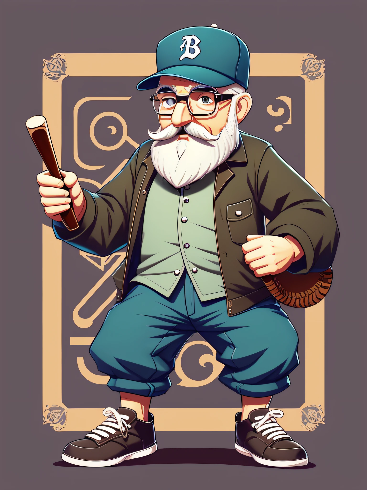 cartoon character of an old man with beard and glasses with a baseball cap, cute detailed digital art, high quality character design, highly detailed character design, game character design, adorable digital painting, game character art, musician, highly detailed character, anthropomorphic musician hero, 2d illustration, 2d illustration,  by Yu Zhiding, great character design --auto --s2