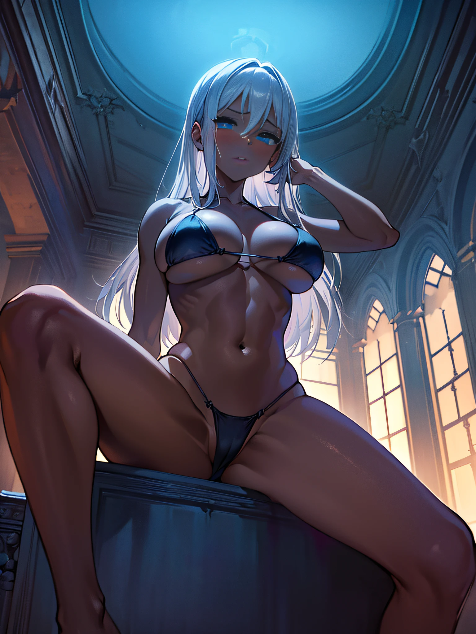 (Masterpiece, best quality, photorealistic, hyper realistic), (1 Girl, Silver hair), ((extremely detailed face)) huge breast, (Black triangle bikini, Low Rise Bikini), (toned:1.1), (blue eyes) (spread legs:1.2) Armature, looking at viewer, (blush:1.2), perfect lighting, Dark Fantasy, dark clouds, cloudy sky, sunrise, (dark skin:1.2), desolate and empty landscape in the background, forlorn expression, (dark:1.1), (gothic:1.1), dejected posture, (old ruined castle:1.2), (broken old castle), dilapidated throne, (indoors) (bed room:1.2), (dynamic angle:1.2), (dynamic pose:1.2), (from below)