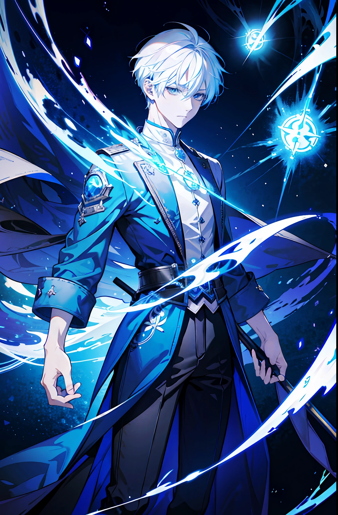 a male anime character with white hair and blue eyes, character album cover, full art, antasy character, from arknights, full art illustration, full portrait of elementalist, character profile art, official character art, official character illustration, merlin, high detailed official artwork, game key art, omoide emanon, oz, mobile game art, among us character