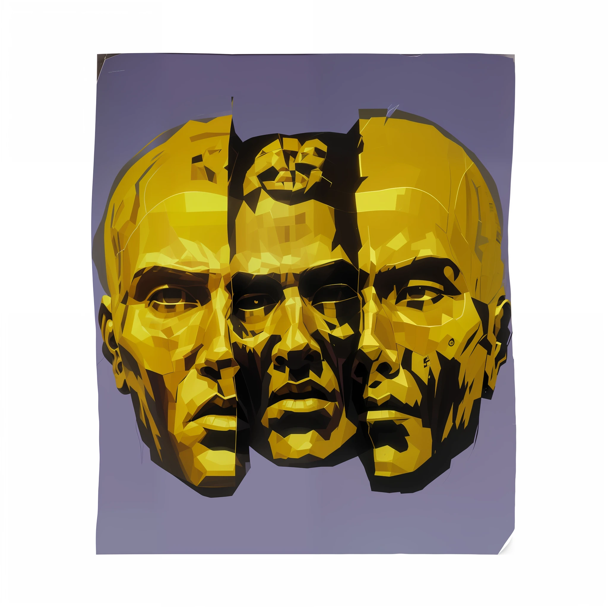 the three faces of the poster person, 3 heads, three heads, high resolution printing: 1 cmyk :1, heads, giant ruins of the statue of the golden head, head, symmetic face, by Eduardo Paolozzi, three heads one body, dio mild, many heads, inspired by Sir Jacob Epstein, symmetrical face