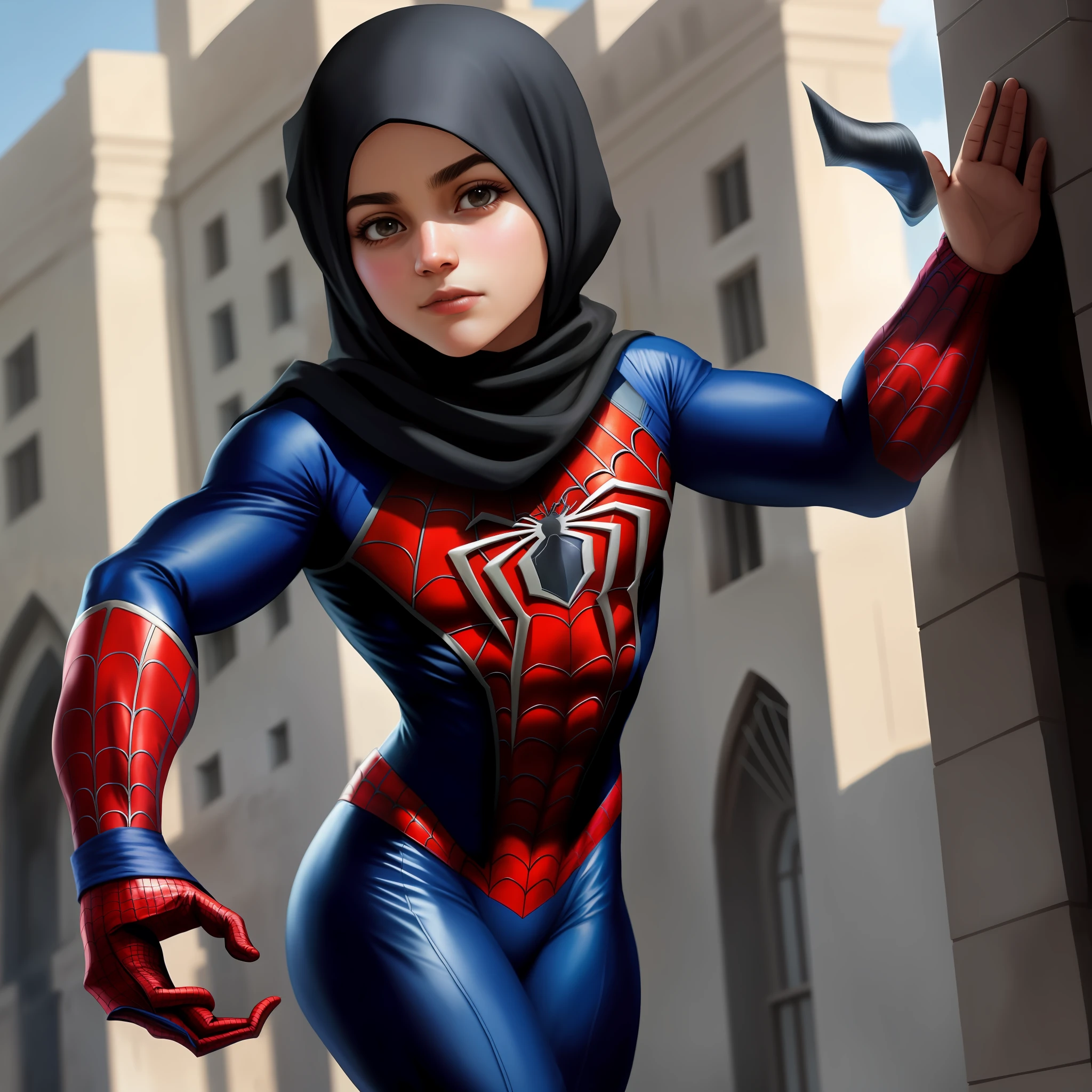muslim hijab:1.2 + spiderman:1.1), incredible costume design,