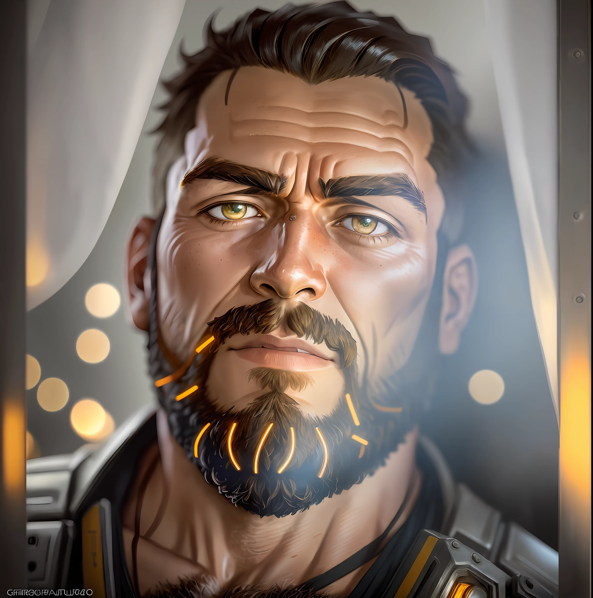 anime, Portrait photo of muscular bearded guy in a worn mech suit, ((light bokeh)), intricate, (steel metal [rust]), elegant, sharp focus, photo by greg rutkowski, soft lighting, vibrant colors, masterpiece, ((streets)), detailed face